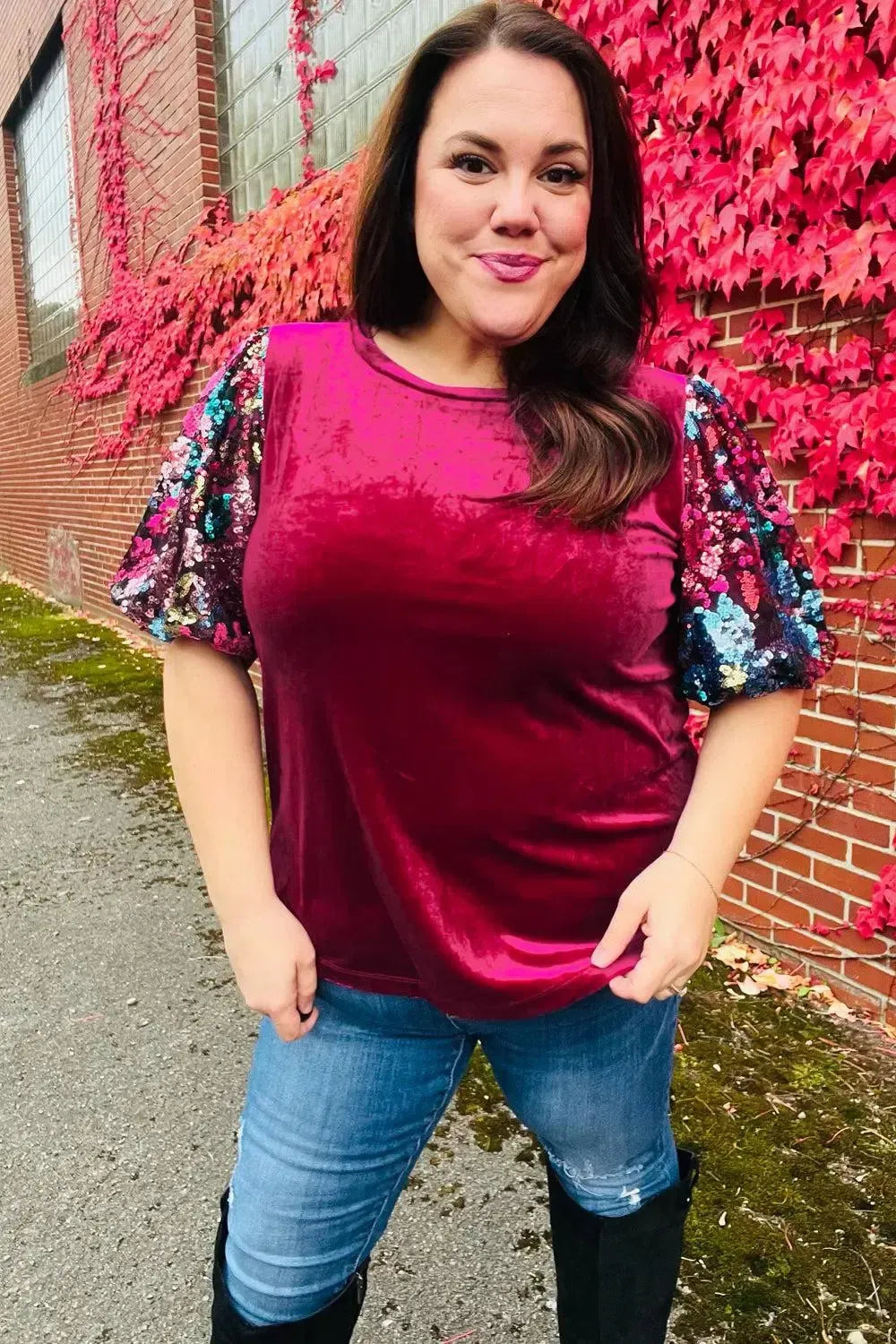 Diva Dreams Wine Floral Sequin Puff Sleeve Velvet Top-Evelyns Fashion