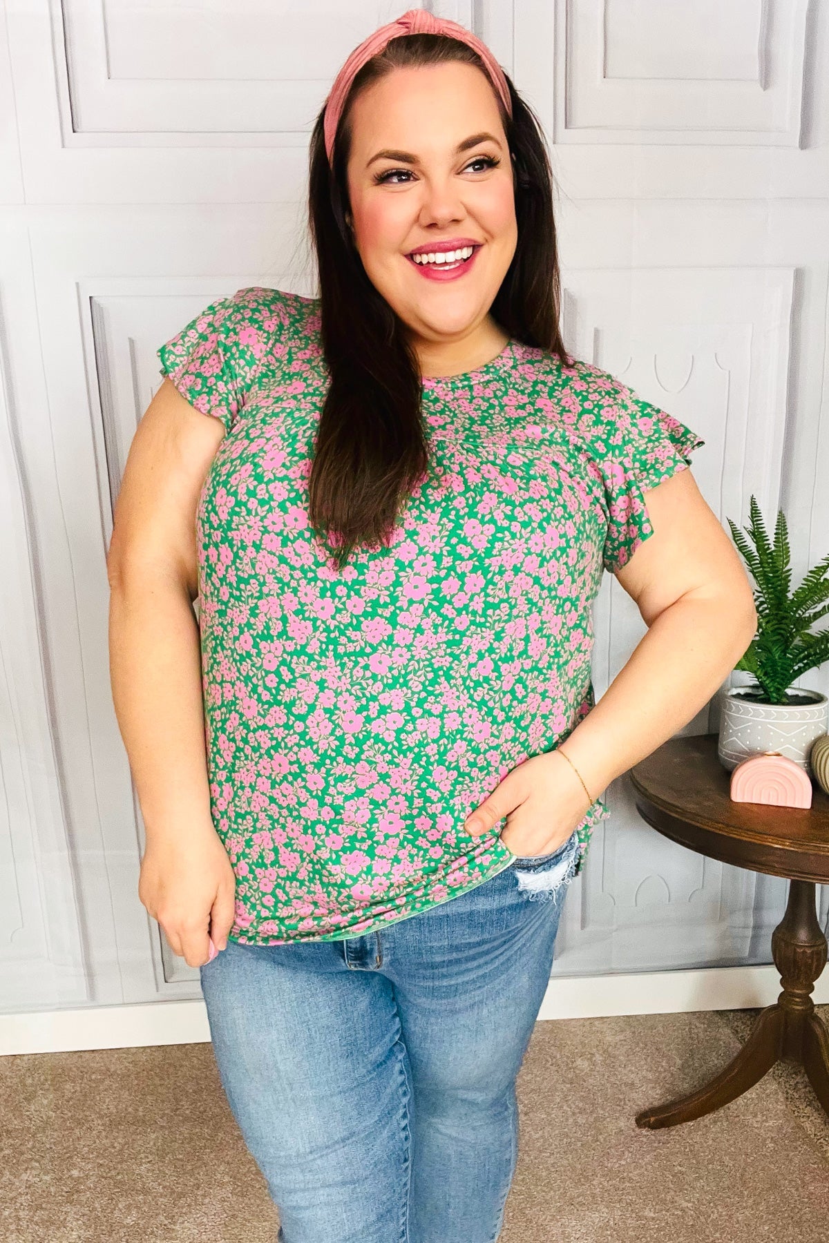 Dreamy Green & Pink Floral Yoke Ruffle Short Sleeve Top-Evelyns Fashion