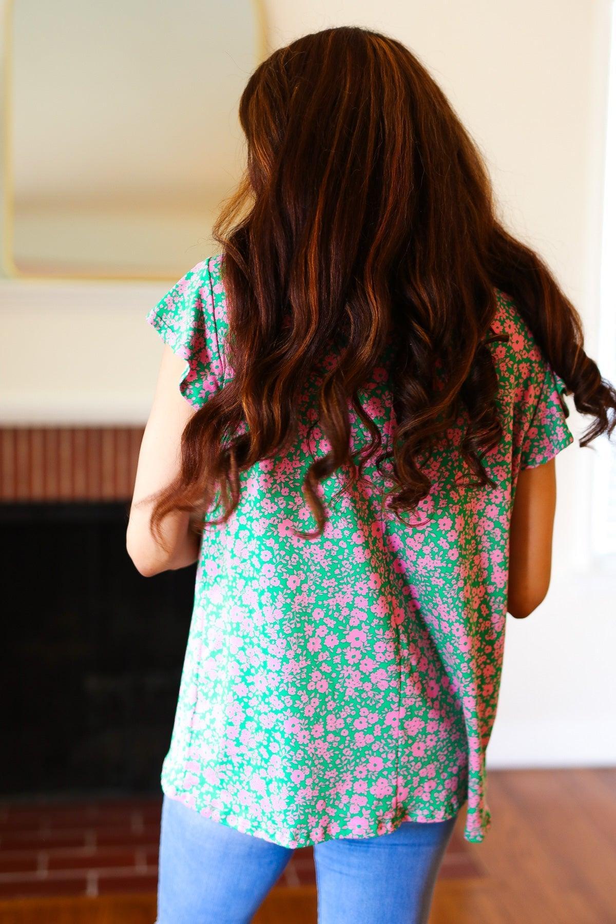 Dreamy Green & Pink Floral Yoke Ruffle Short Sleeve Top-Evelyns Fashion