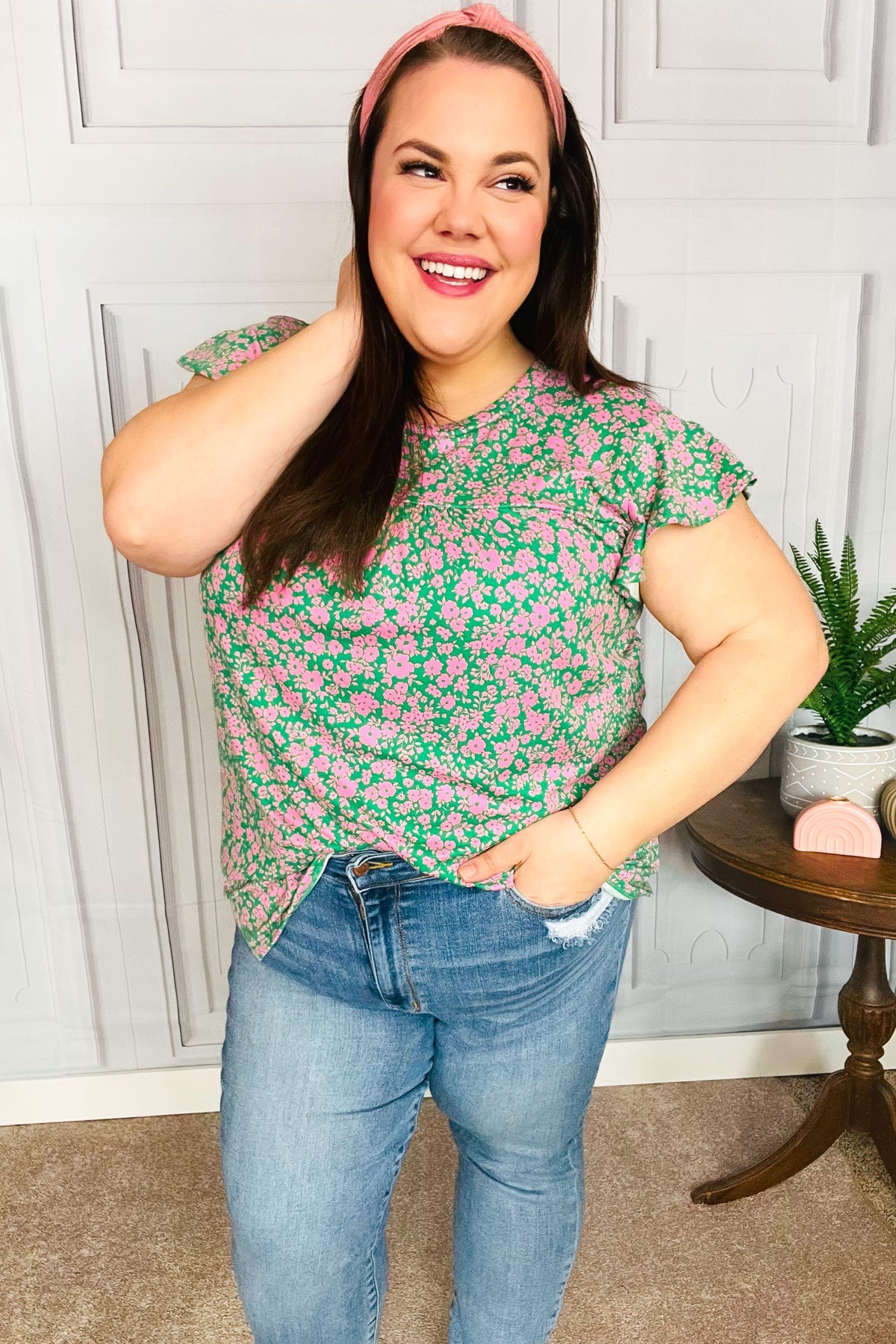 Dreamy Green & Pink Floral Yoke Ruffle Short Sleeve Top-Evelyns Fashion