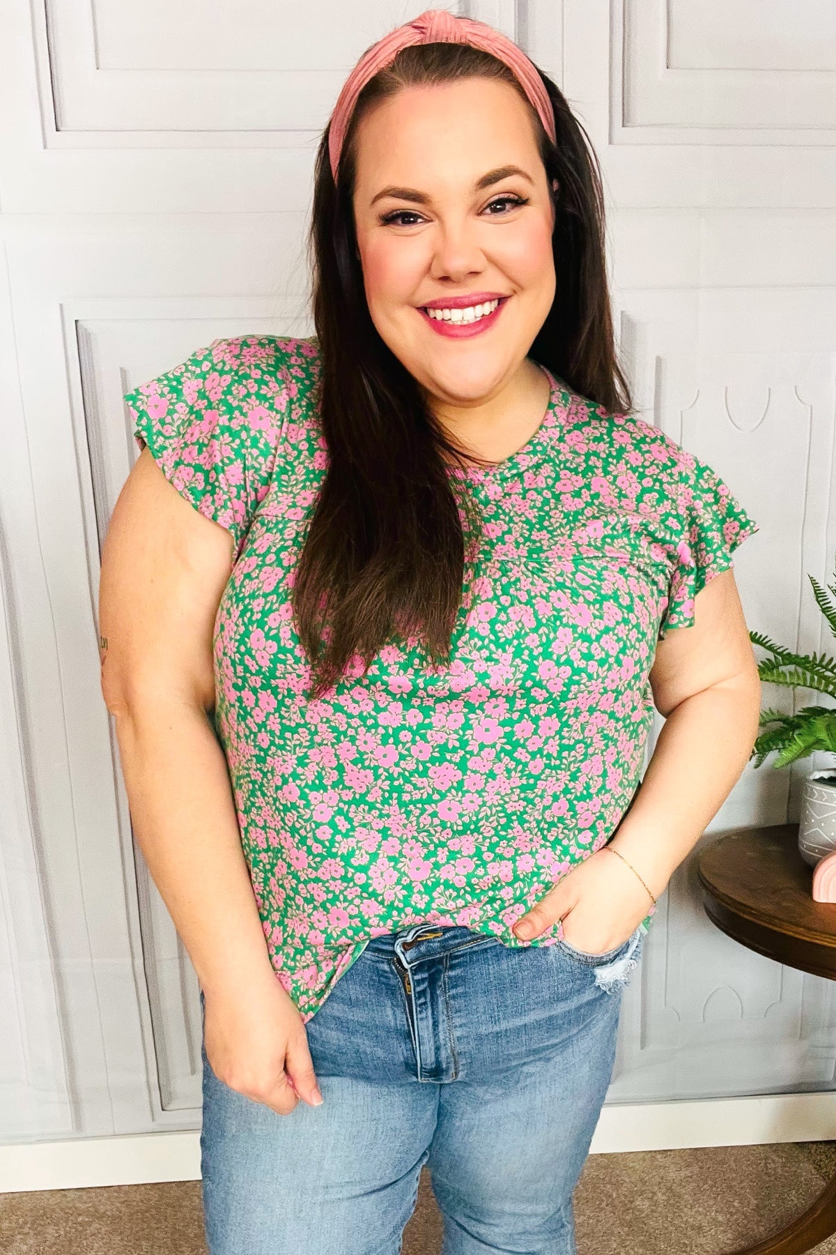 Dreamy Green & Pink Floral Yoke Ruffle Short Sleeve Top-Evelyns Fashion