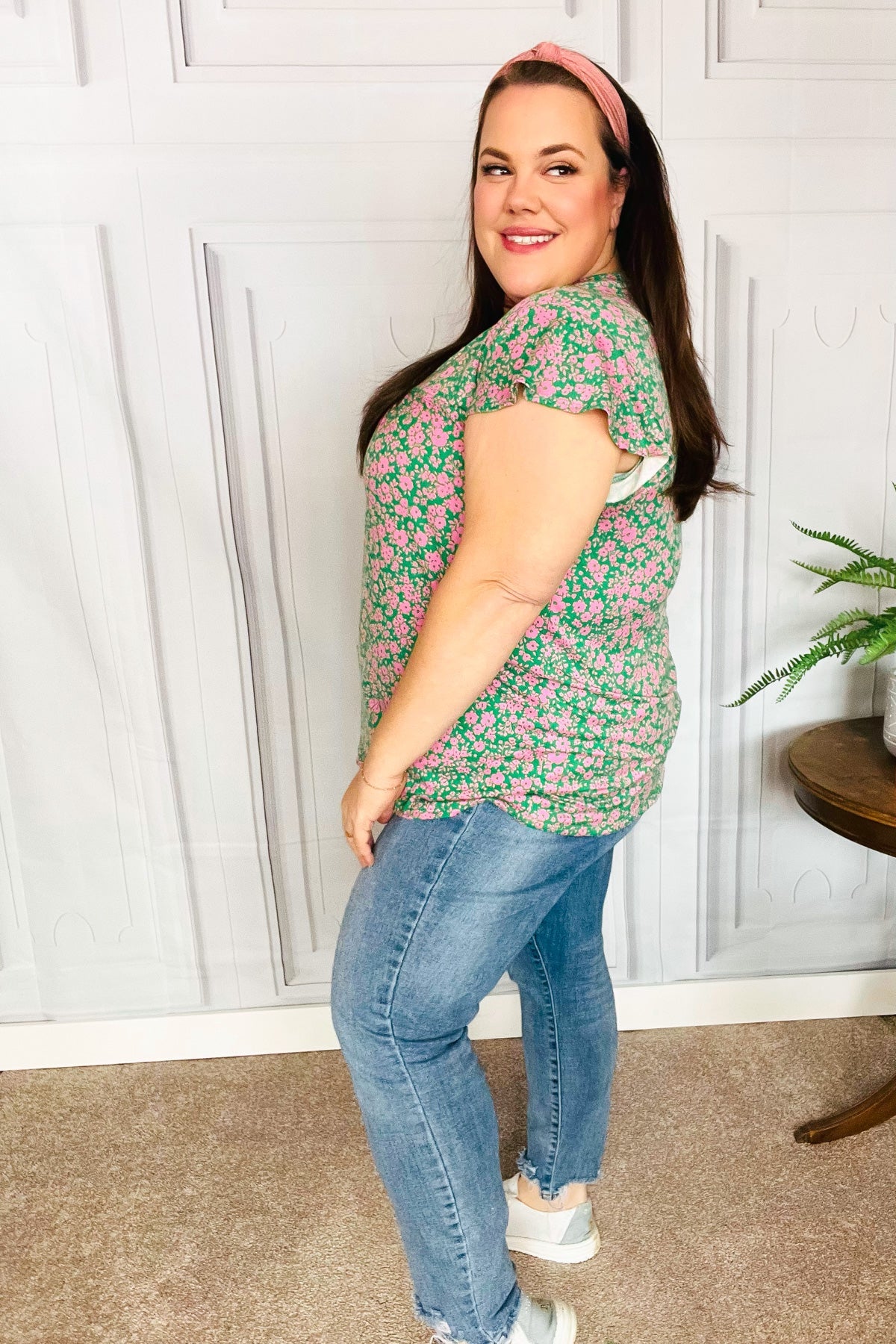 Dreamy Green & Pink Floral Yoke Ruffle Short Sleeve Top-Evelyns Fashion