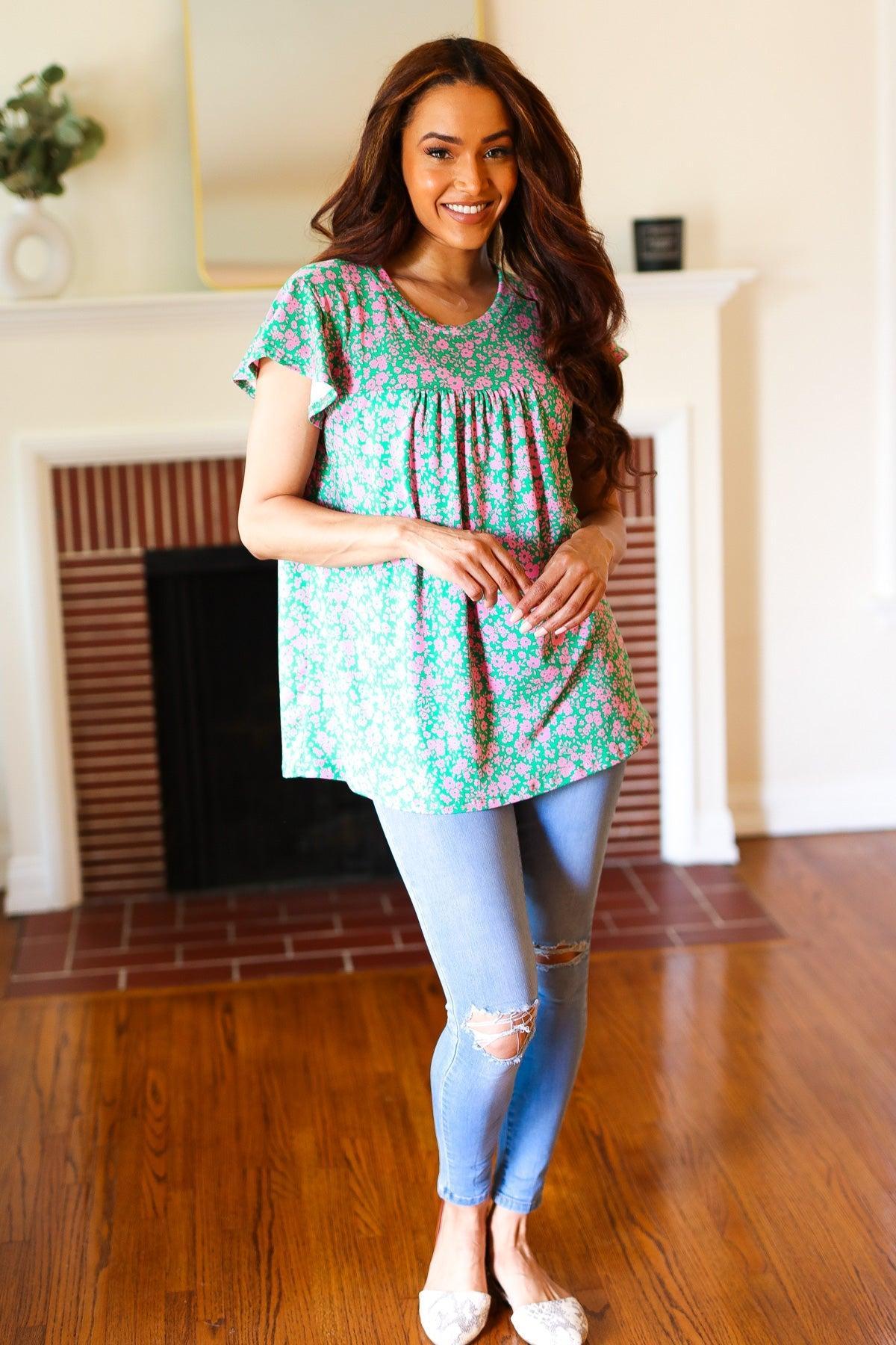 Dreamy Green & Pink Floral Yoke Ruffle Short Sleeve Top-Evelyns Fashion