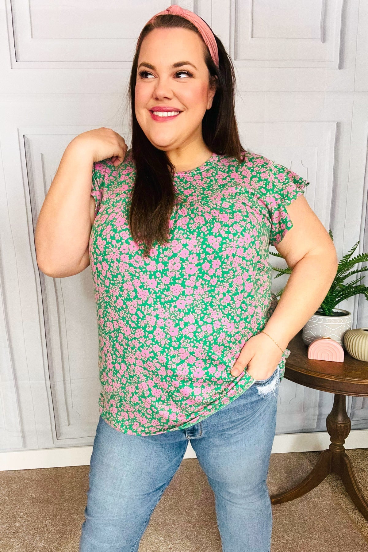 Dreamy Green & Pink Floral Yoke Ruffle Short Sleeve Top-Evelyns Fashion