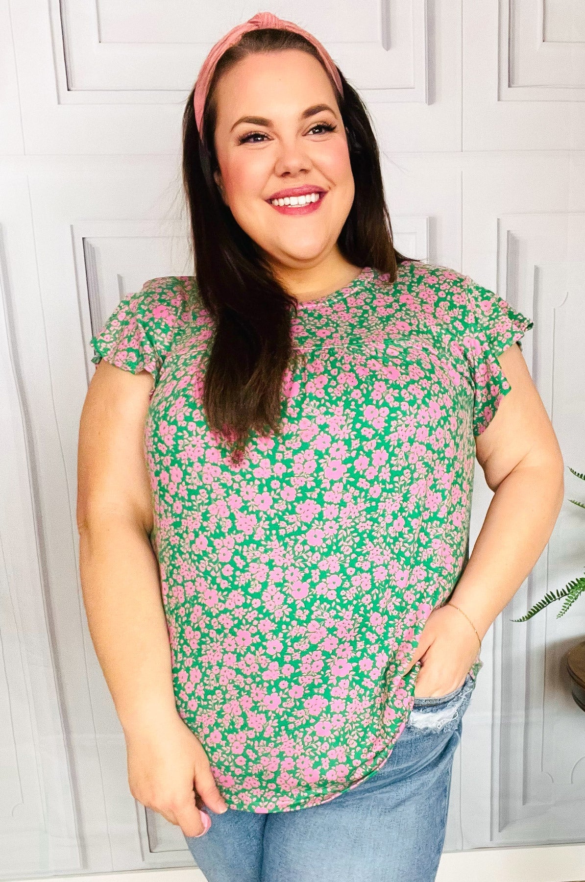 Dreamy Green & Pink Floral Yoke Ruffle Short Sleeve Top-Evelyns Fashion
