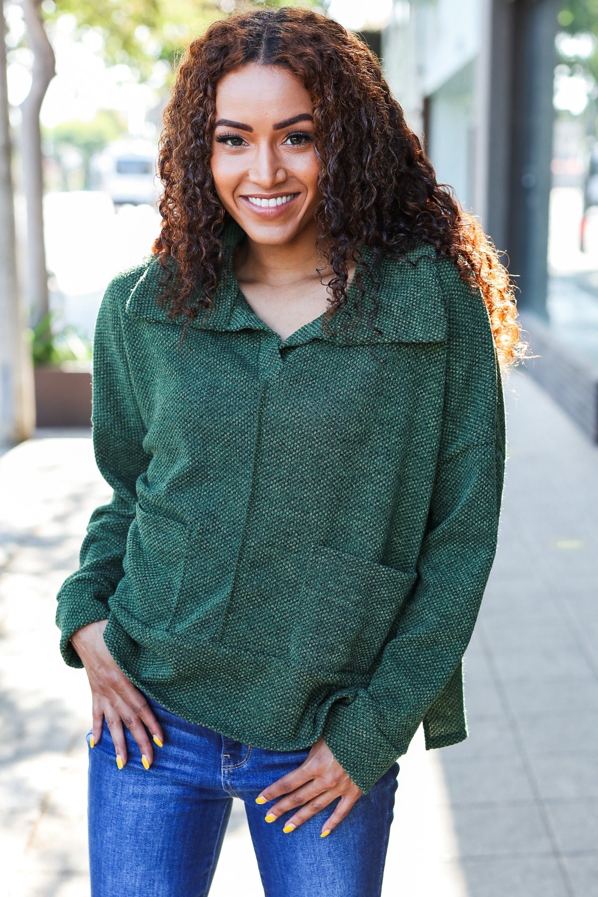 Easy Living Olive Textured Knit Notch Neck Oversized Collar Sweater-Evelyns Fashion