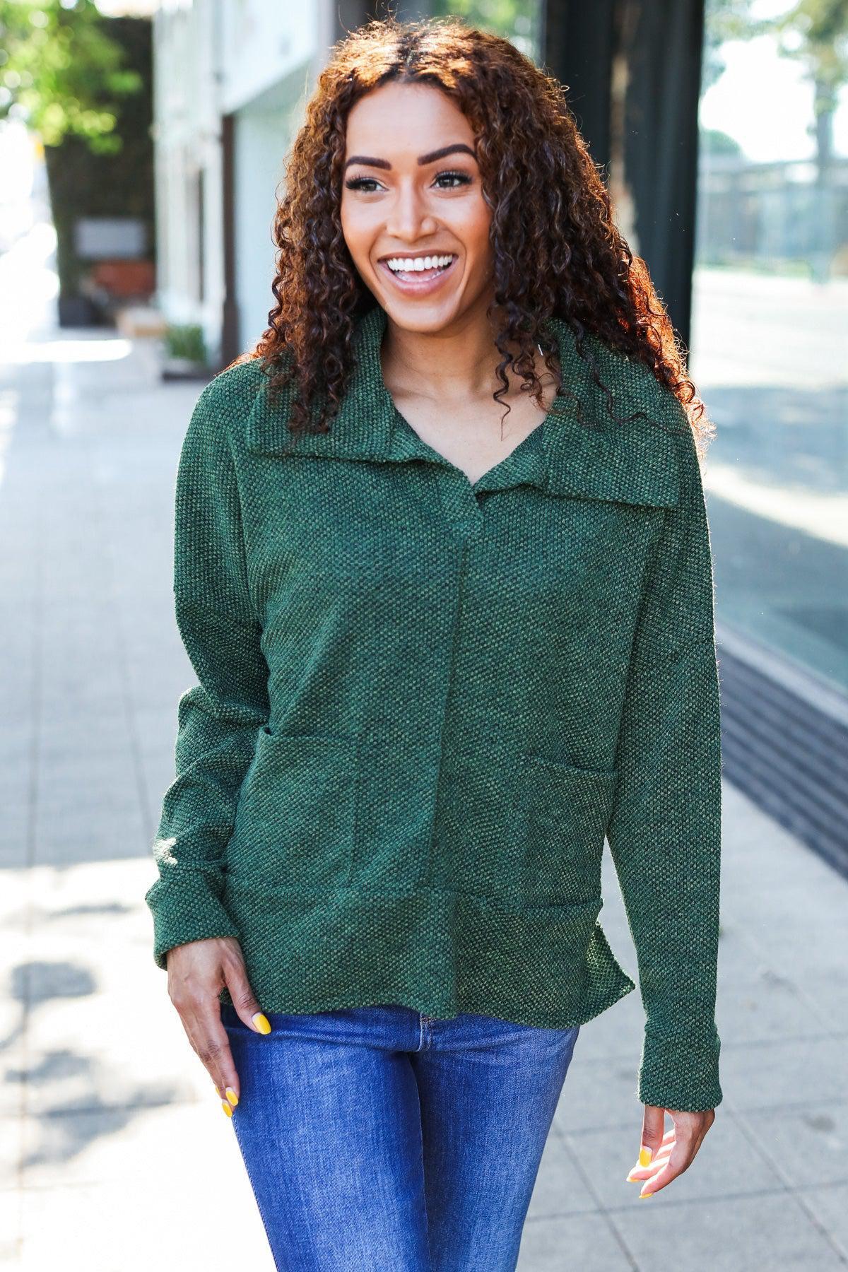 Easy Living Olive Textured Knit Notch Neck Oversized Collar Sweater-Evelyns Fashion