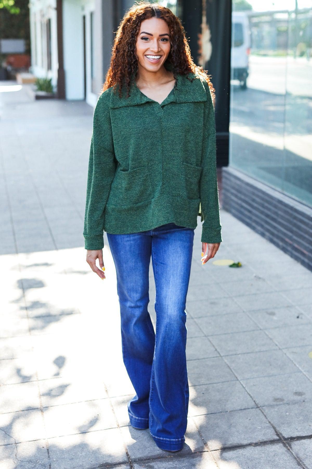 Easy Living Olive Textured Knit Notch Neck Oversized Collar Sweater-Evelyns Fashion