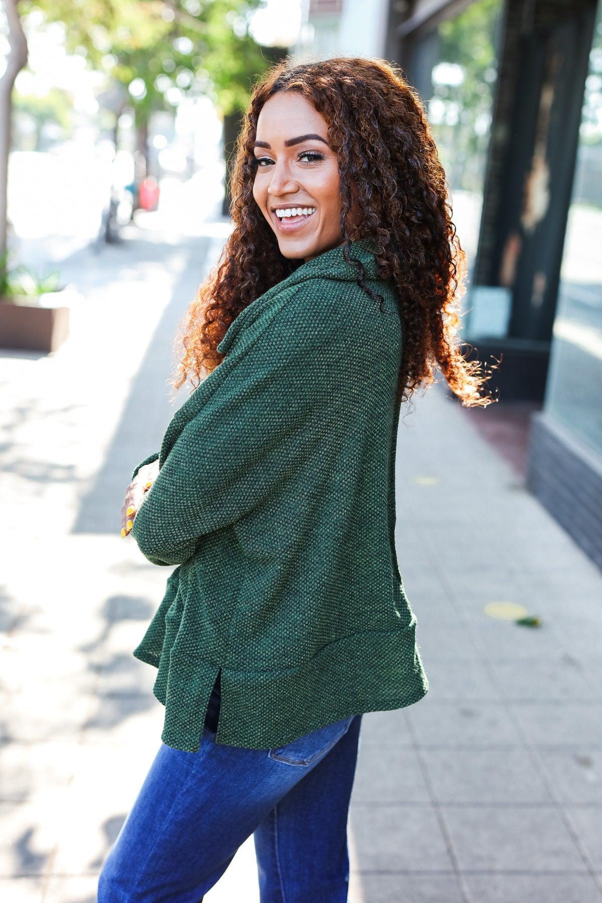 Easy Living Olive Textured Knit Notch Neck Oversized Collar Sweater-Evelyns Fashion