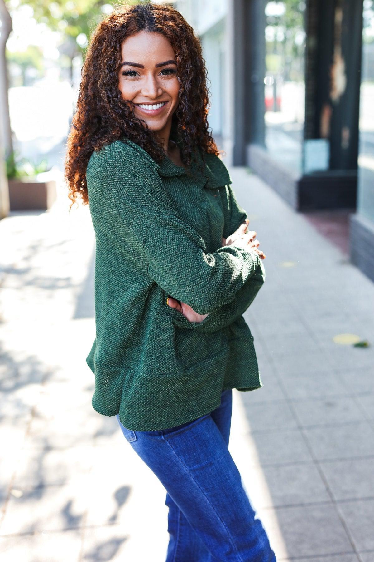 Easy Living Olive Textured Knit Notch Neck Oversized Collar Sweater-Evelyns Fashion