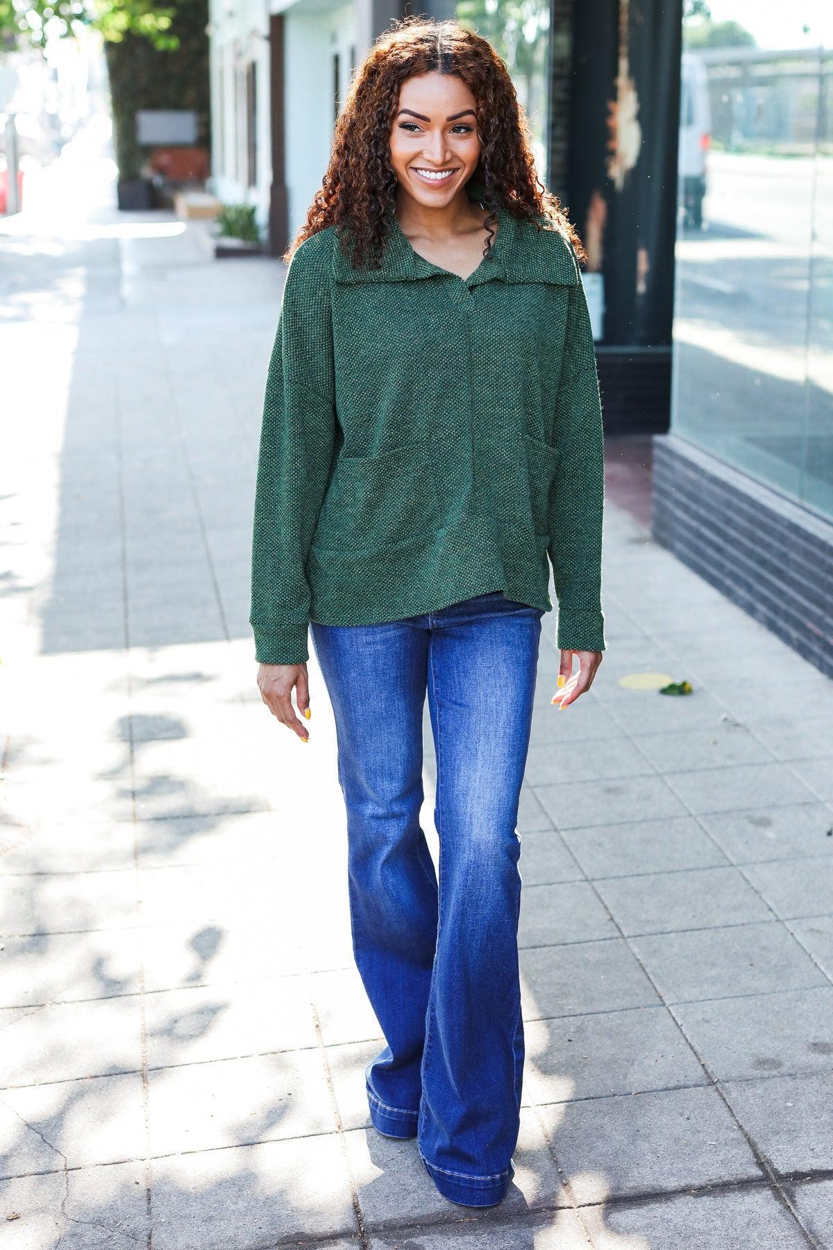 Easy Living Olive Textured Knit Notch Neck Oversized Collar Sweater-Evelyns Fashion