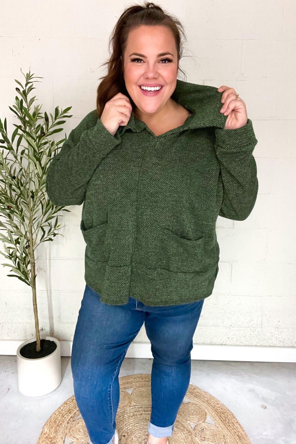 Easy Living Olive Textured Knit Notch Neck Oversized Collar Sweater-Evelyns Fashion