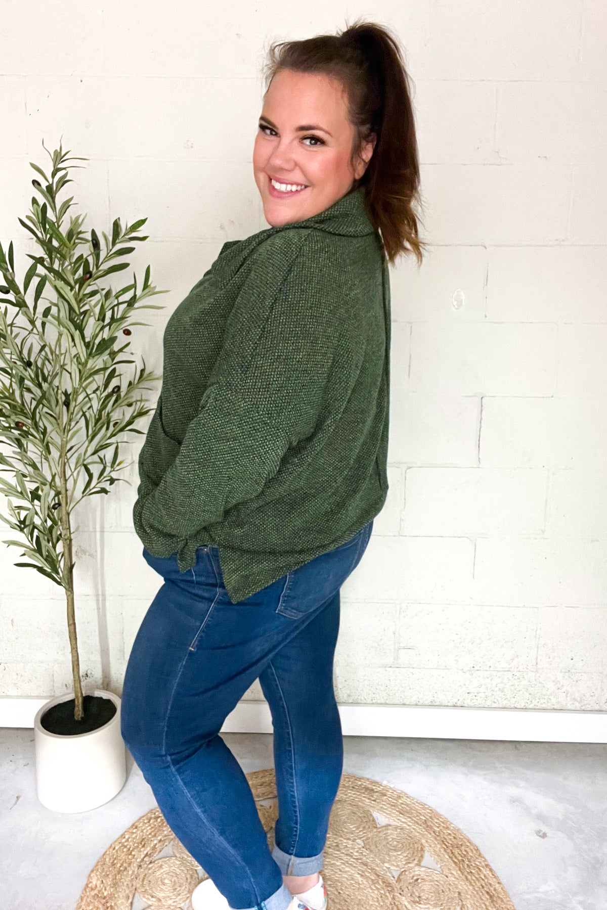 Easy Living Olive Textured Knit Notch Neck Oversized Collar Sweater-Evelyns Fashion