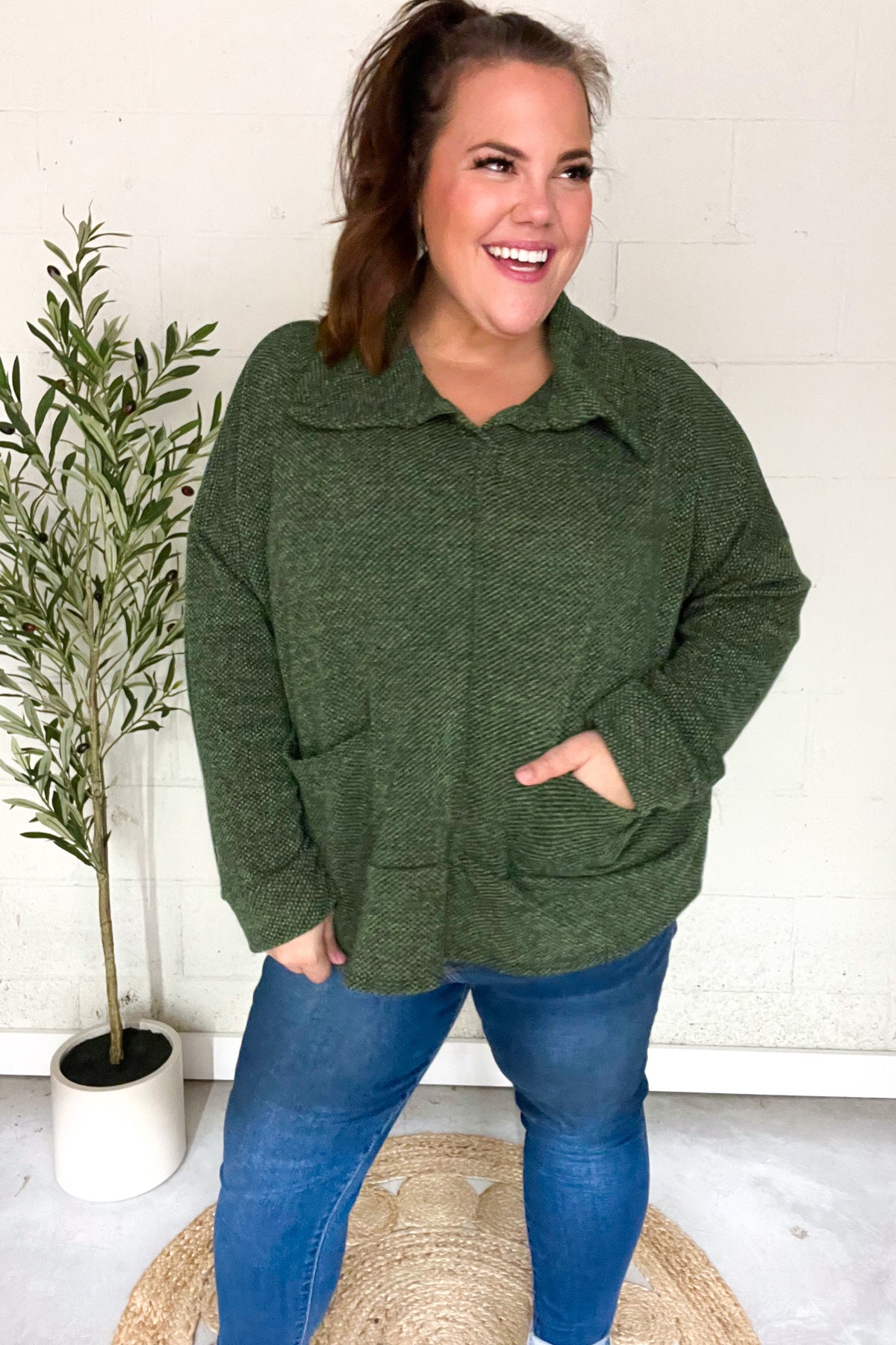Easy Living Olive Textured Knit Notch Neck Oversized Collar Sweater-Evelyns Fashion