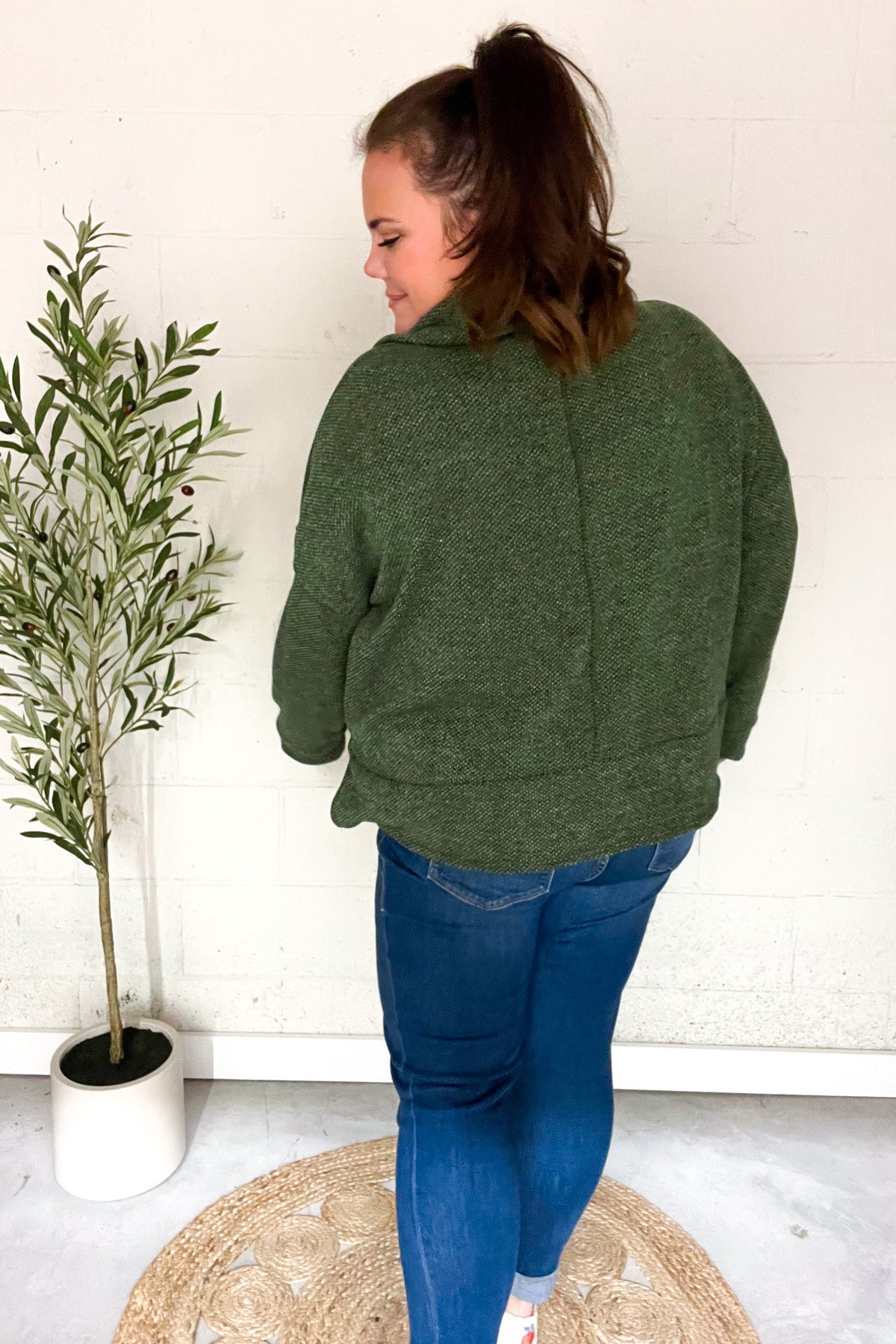 Easy Living Olive Textured Knit Notch Neck Oversized Collar Sweater-Evelyns Fashion