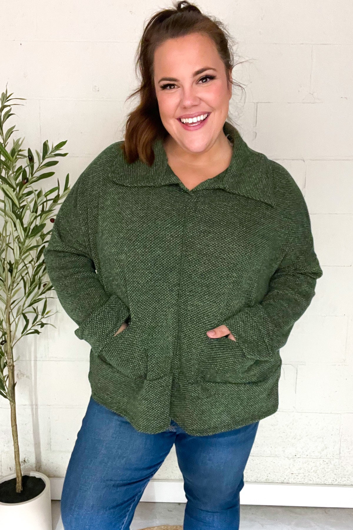 Easy Living Olive Textured Knit Notch Neck Oversized Collar Sweater-Evelyns Fashion