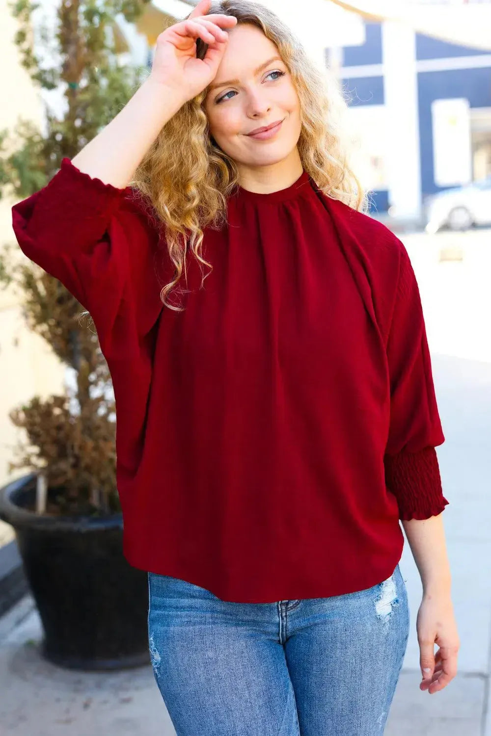Effortless Elegance: Bold Dreams Wine Smocked Tie Back Top-Evelyns Fashion