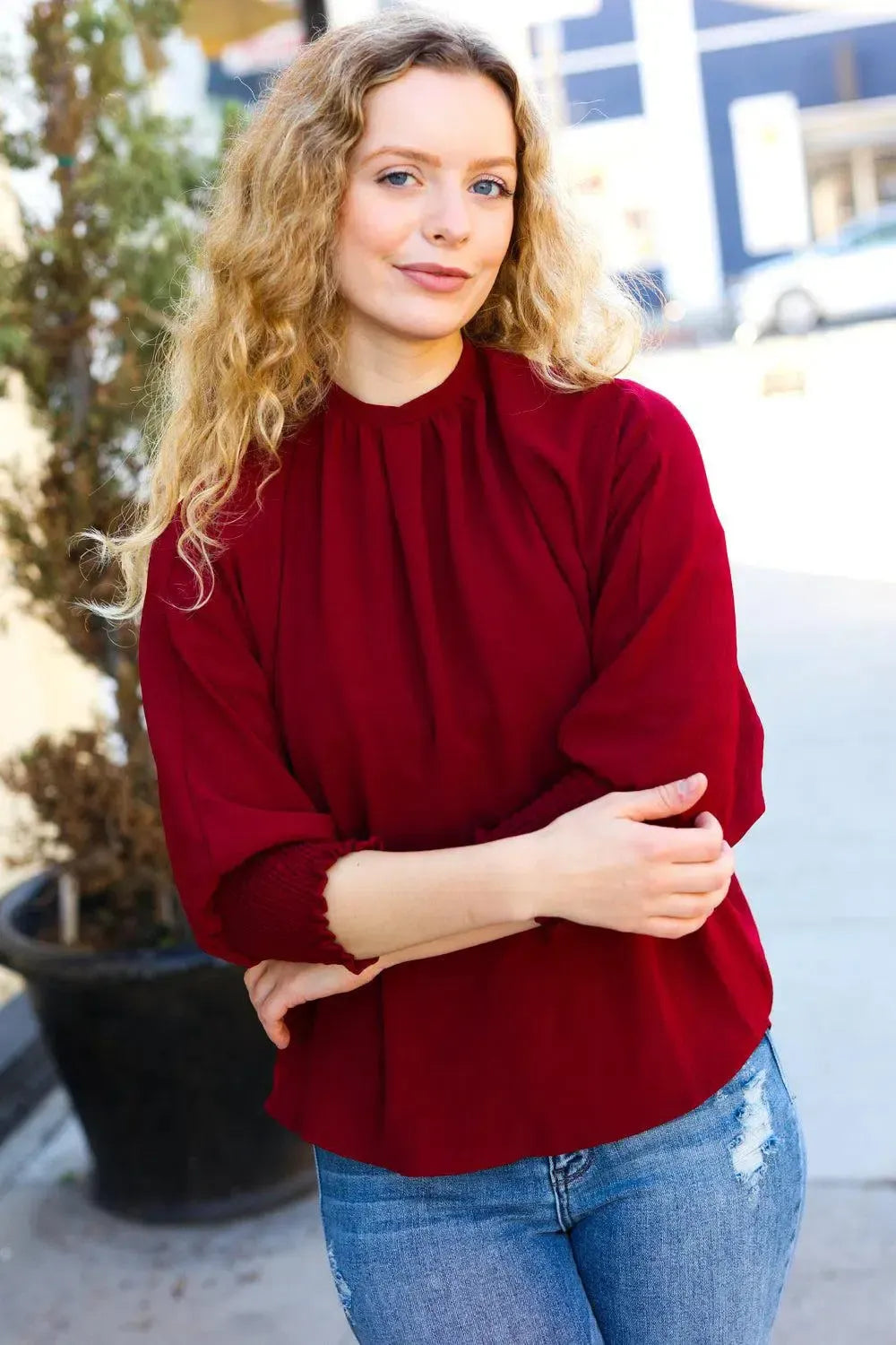 Effortless Elegance: Bold Dreams Wine Smocked Tie Back Top-Evelyns Fashion