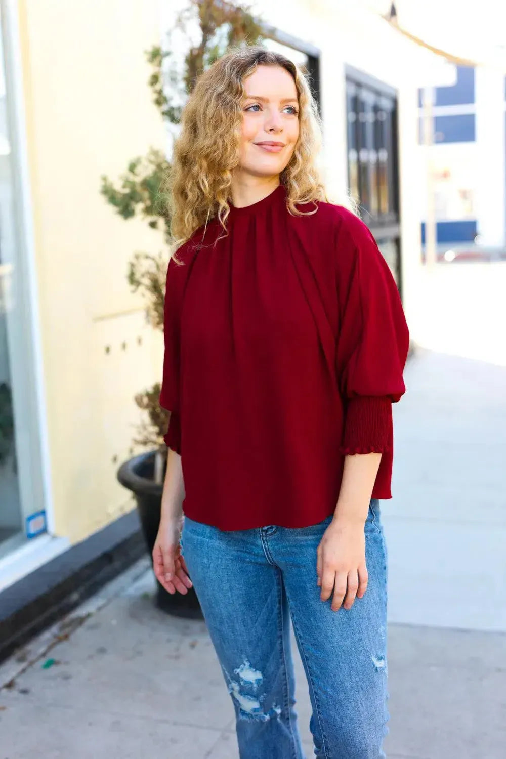 Effortless Elegance: Bold Dreams Wine Smocked Tie Back Top-Evelyns Fashion