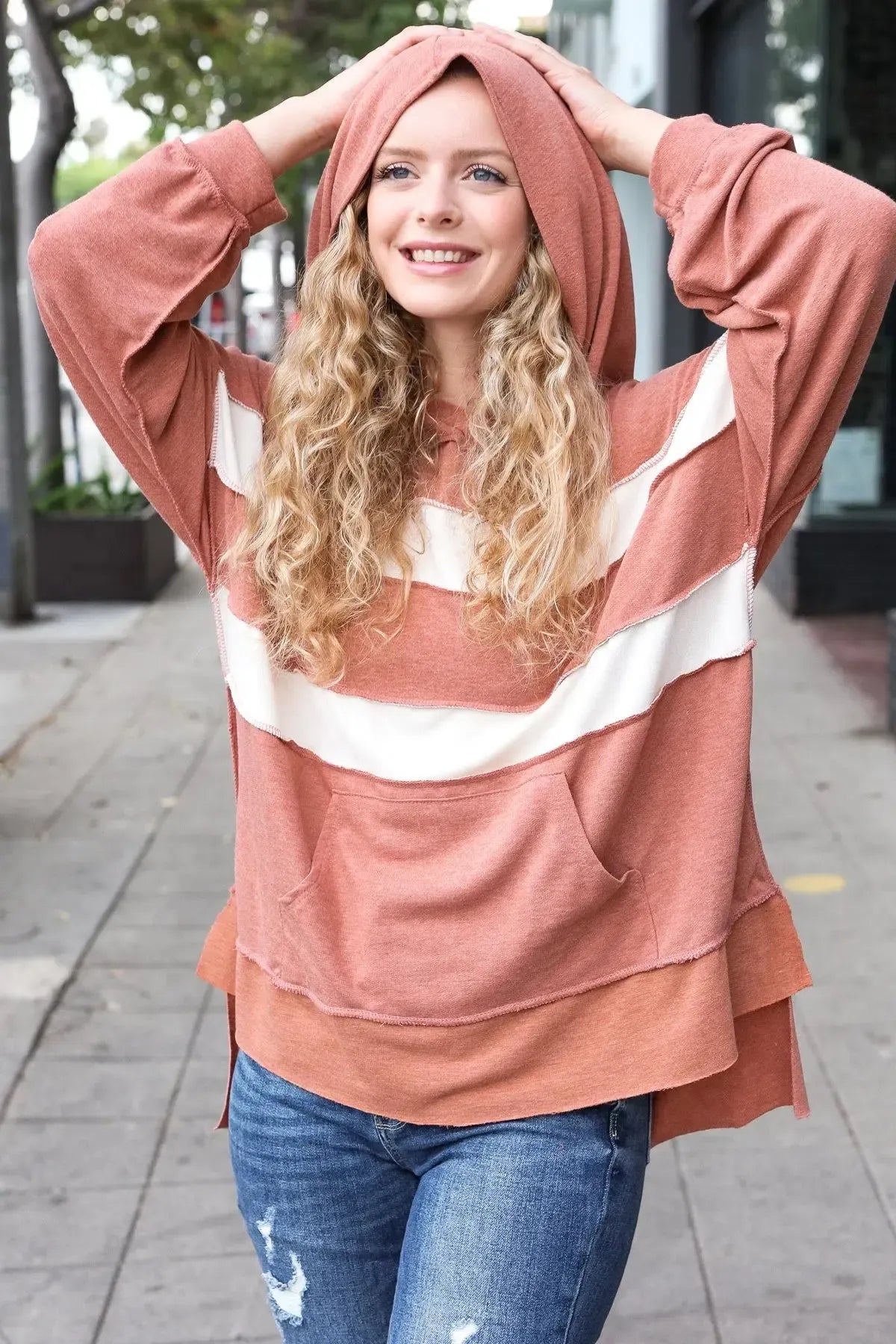 Effortless Style: French Terry Hoodie in Rust & Stripe Design-Evelyns Fashion