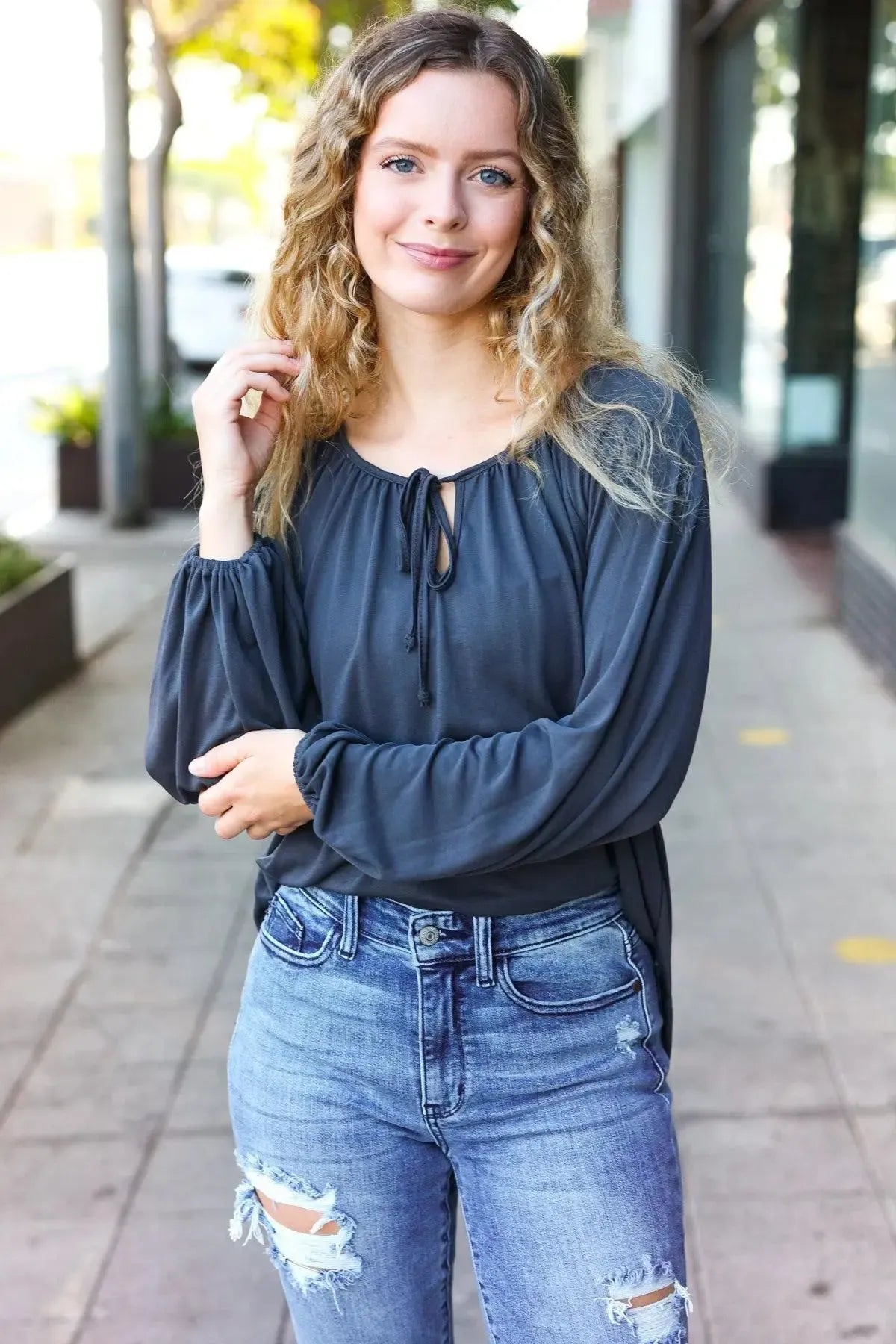 Effortless Style: Versatile Charcoal Front Tie Peasant Top-Evelyns Fashion