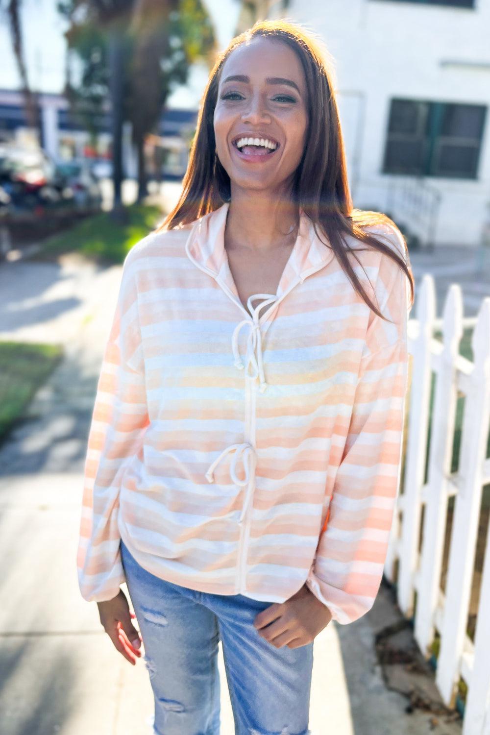 Embrace Joy Beige & Ivory Collar Stripe Bow Tie Terry Top-Evelyns Fashion