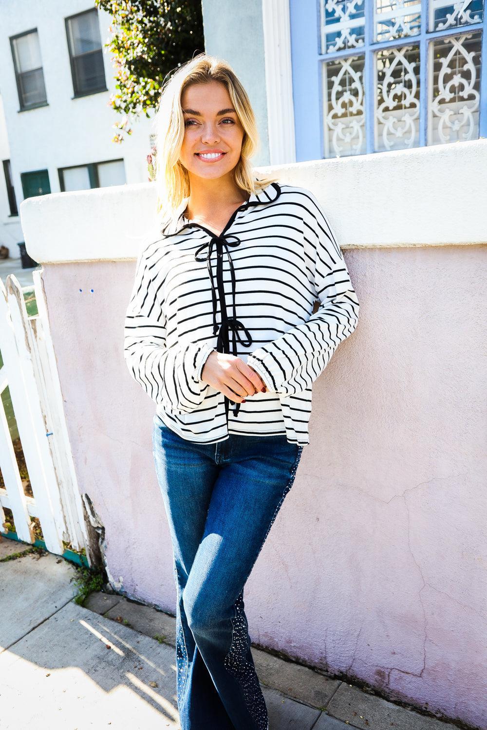 Embrace Joy Black & White Collared Stripe Ribbon Bow Tie Top-Evelyns Fashion