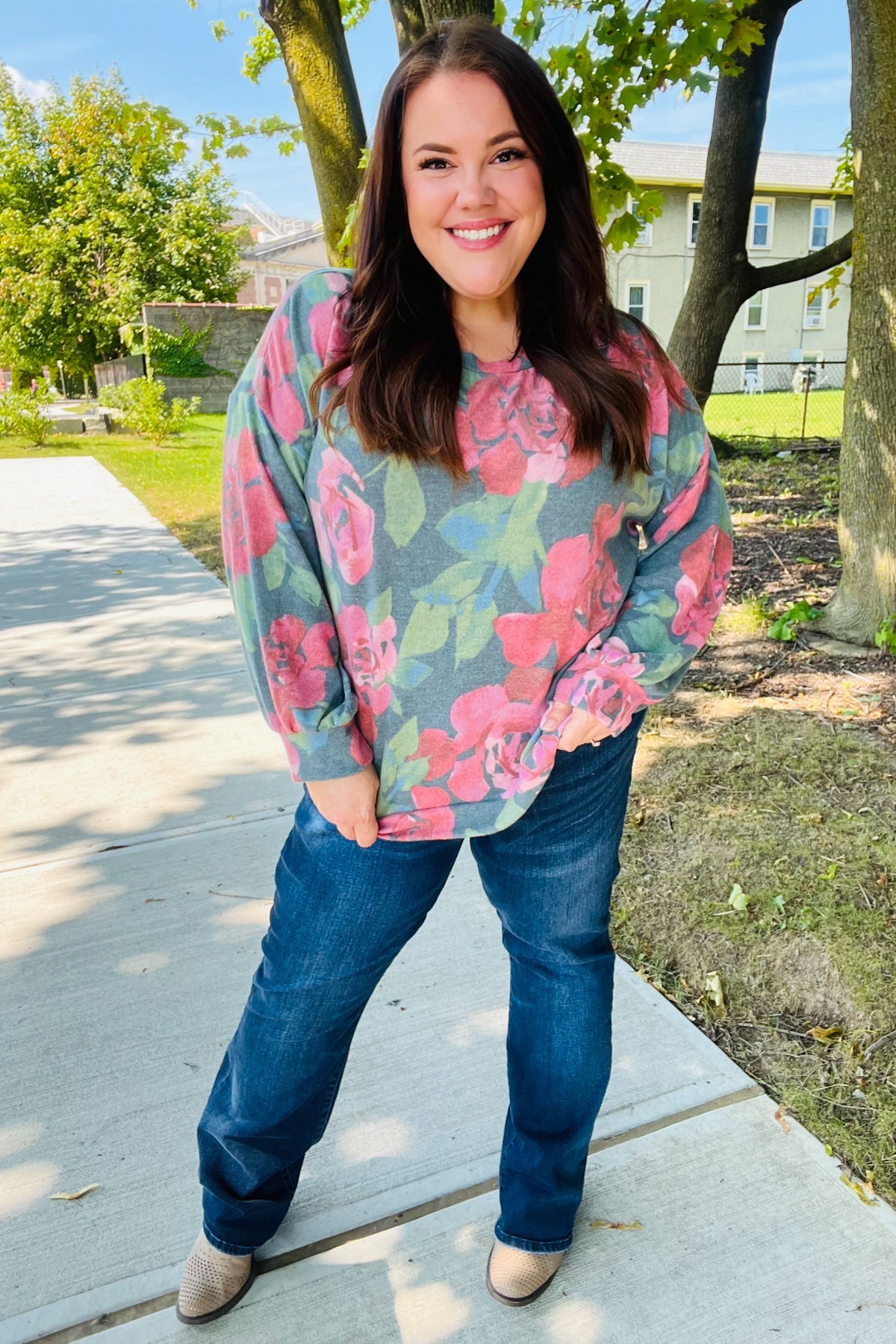 Everyday Hunter Green Floral Brushed Hacci Sweater Top-Evelyns Fashion