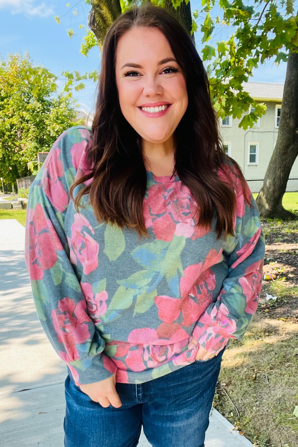 Everyday Hunter Green Floral Brushed Hacci Sweater Top-Evelyns Fashion
