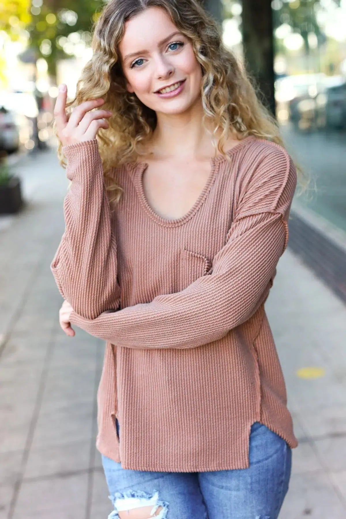 Eyes On You Camel Mineral Wash Rib Notch Neck Pocketed Top-Evelyns Fashion