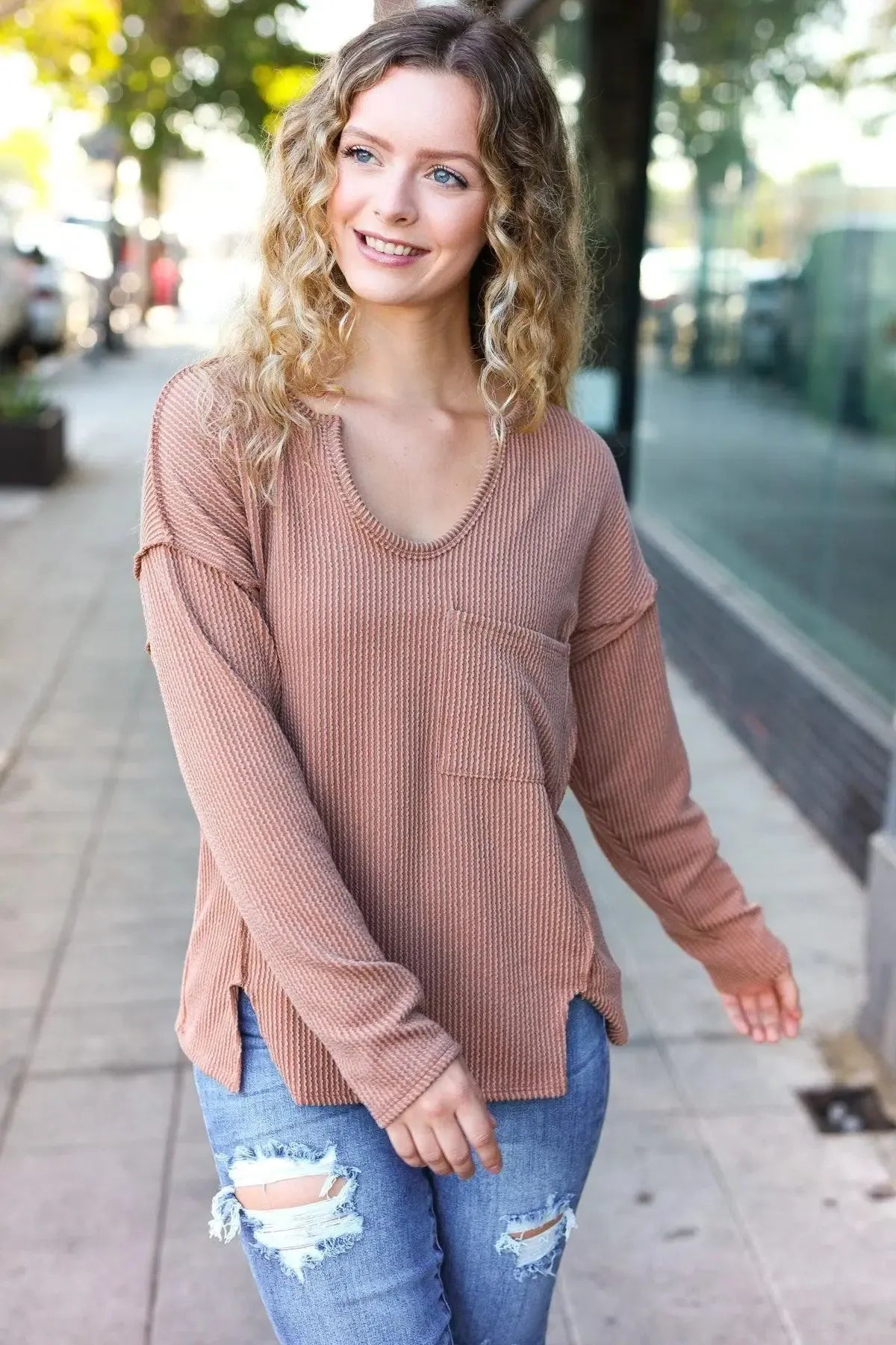 Eyes On You Camel Mineral Wash Rib Notch Neck Pocketed Top-Evelyns Fashion