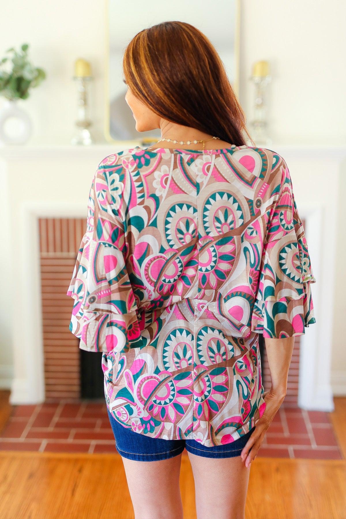 Eyes On You Teal Paisley Double Ruffle Sleeve Top-Evelyns Fashion