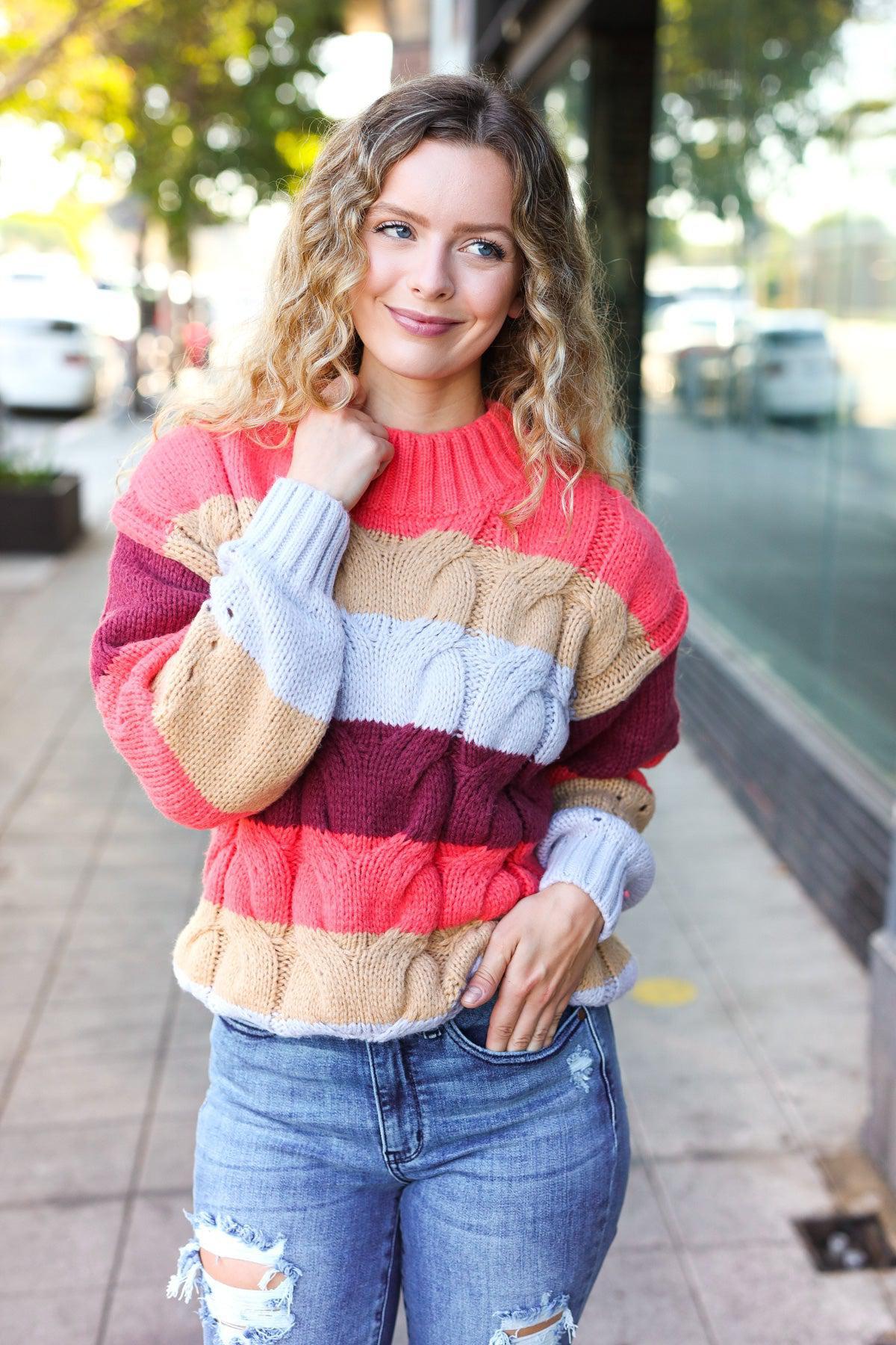 Fall For You Rust Multicolor Stripe Cable Knit Mock Neck Sweater-Evelyns Fashion