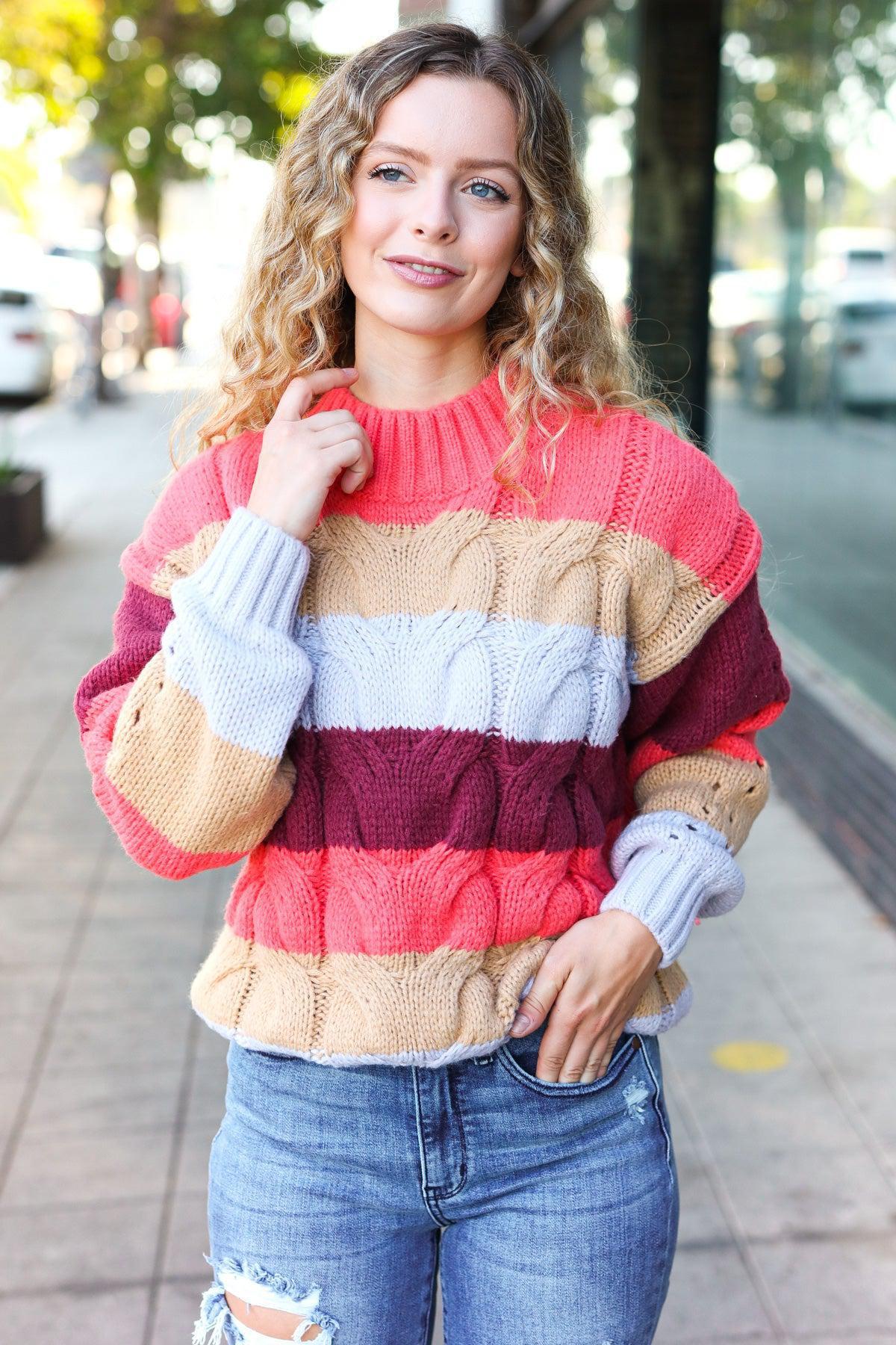 Fall For You Rust Multicolor Stripe Cable Knit Mock Neck Sweater-Evelyns Fashion