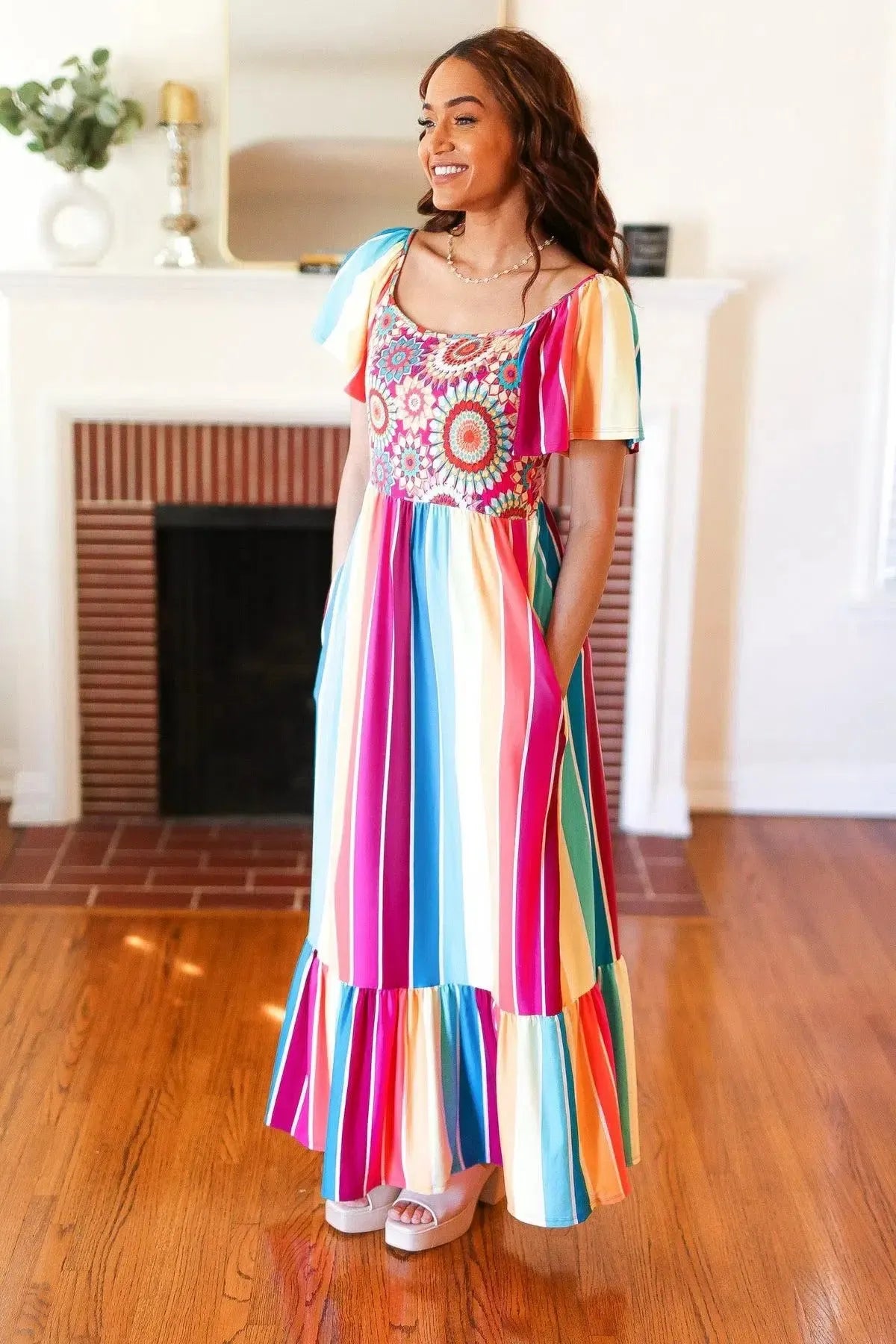 Feeling Bold Fuchsia & Teal Striped Medallion Crochet Print Dress-Evelyns Fashion