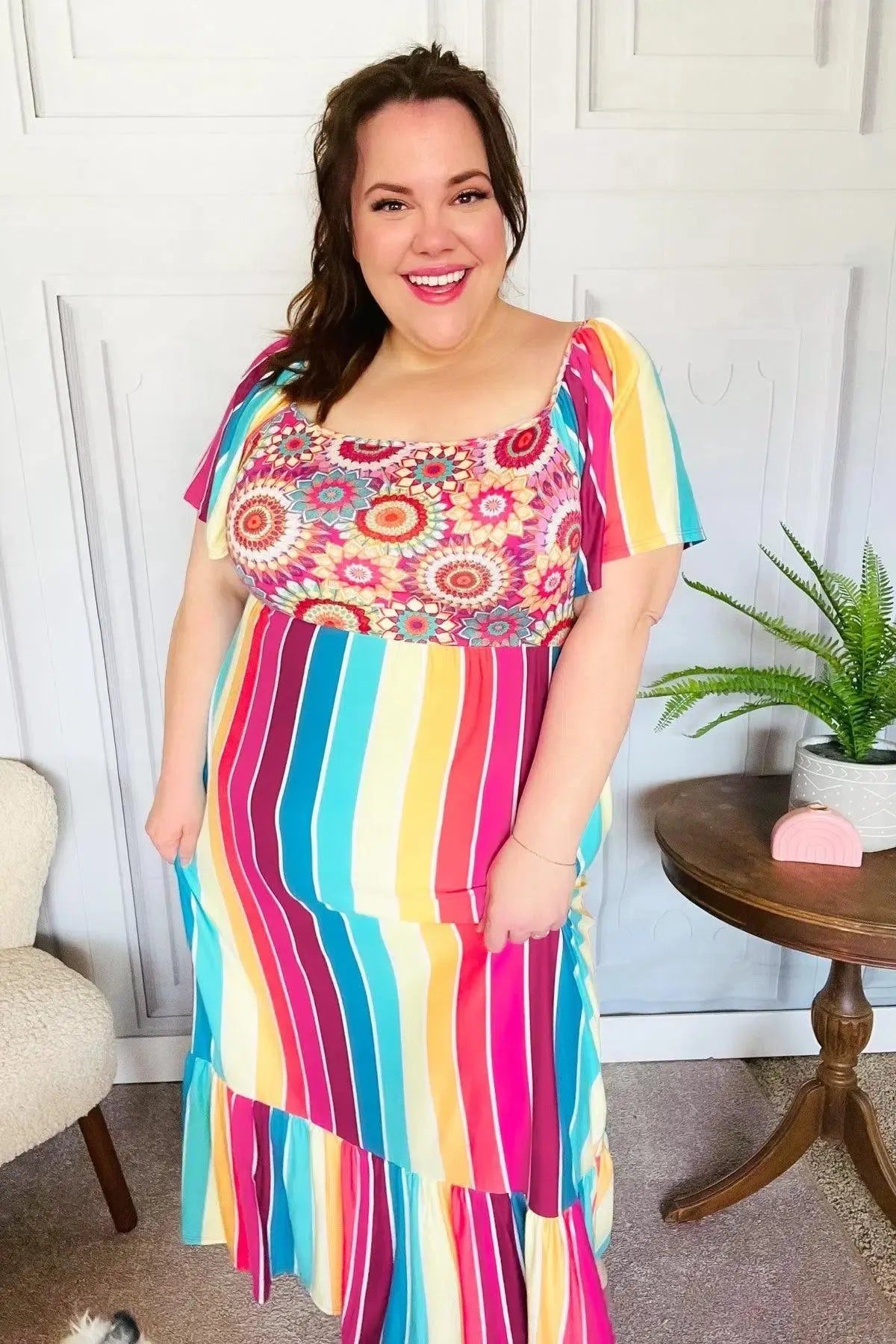 Feeling Bold Fuchsia & Teal Striped Medallion Crochet Print Dress-Evelyns Fashion