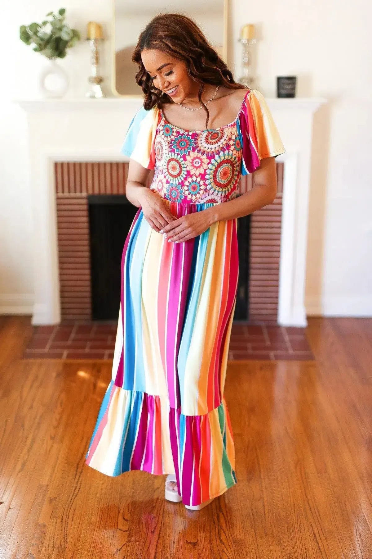 Feeling Bold Fuchsia & Teal Striped Medallion Crochet Print Dress-Evelyns Fashion