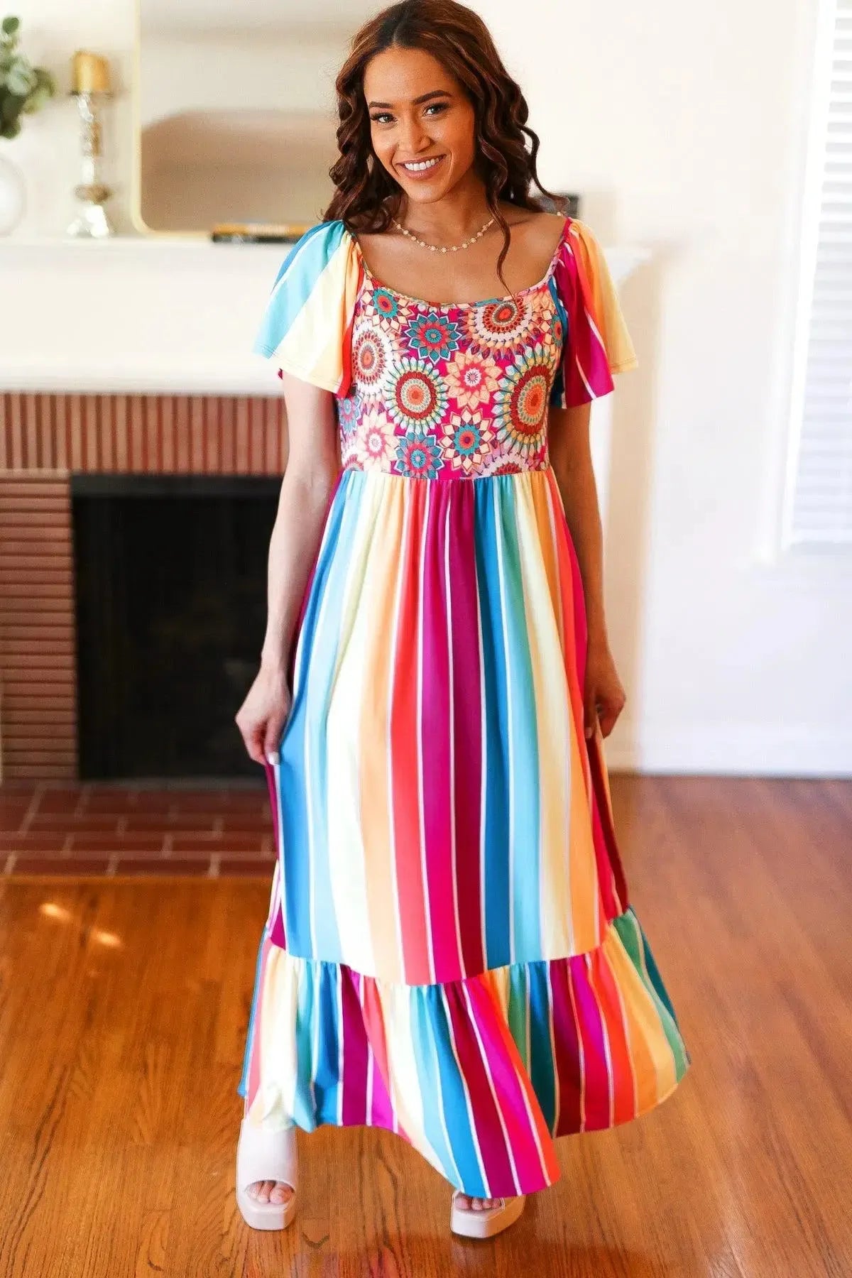 Feeling Bold Fuchsia & Teal Striped Medallion Crochet Print Dress-Evelyns Fashion