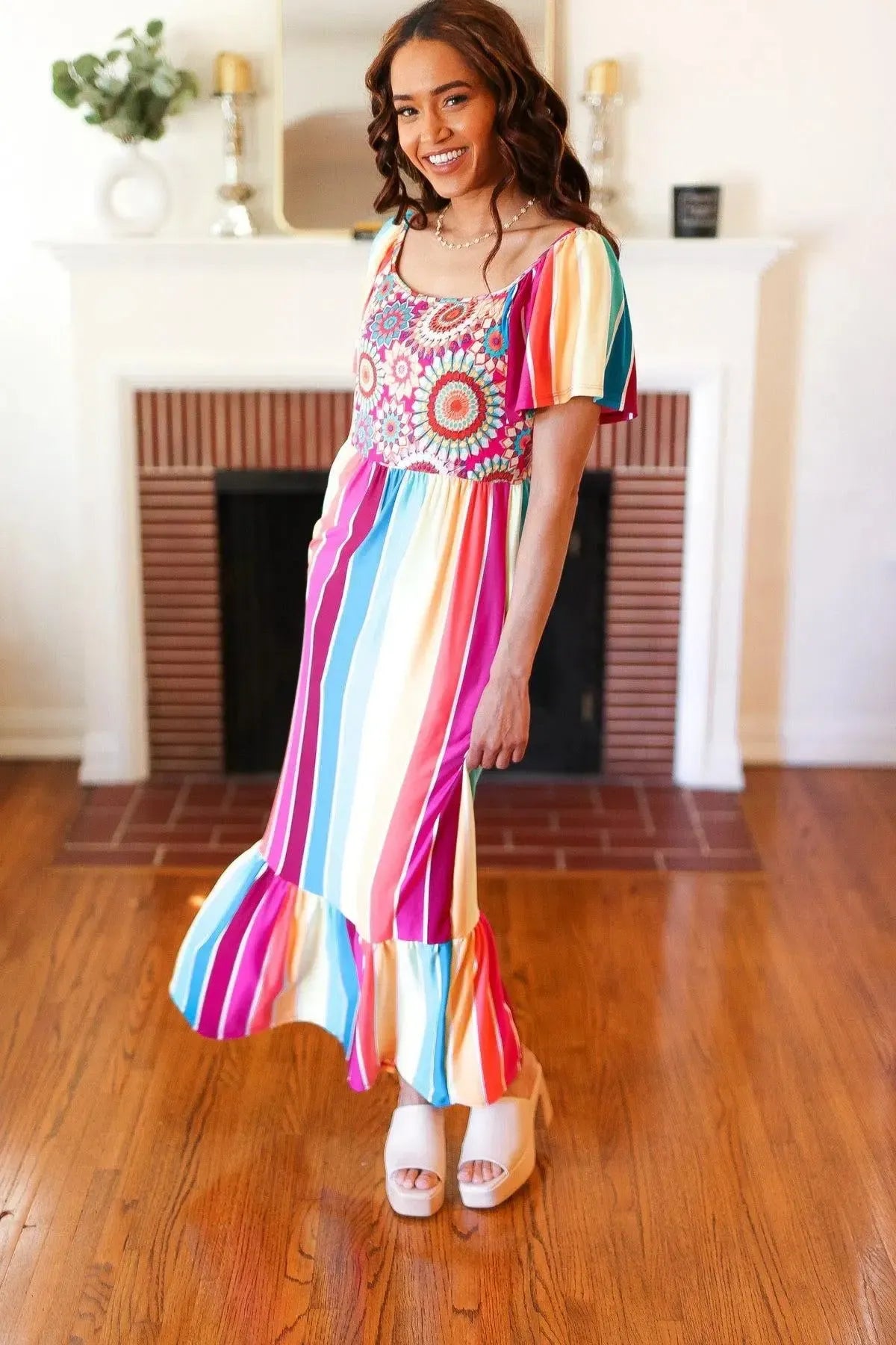 Feeling Bold Fuchsia & Teal Striped Medallion Crochet Print Dress-Evelyns Fashion