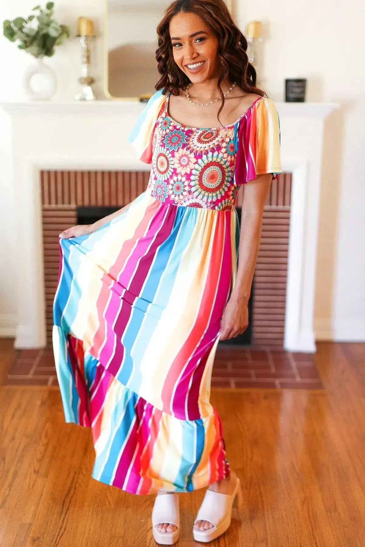 Feeling Bold Fuchsia & Teal Striped Medallion Crochet Print Dress-Evelyns Fashion