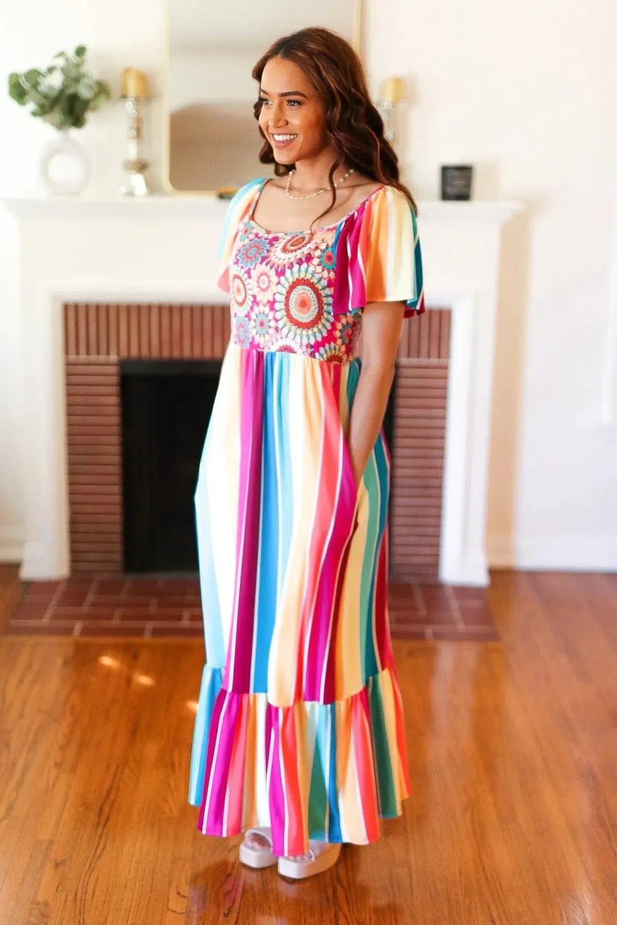 Feeling Bold Fuchsia & Teal Striped Medallion Crochet Print Dress-Evelyns Fashion