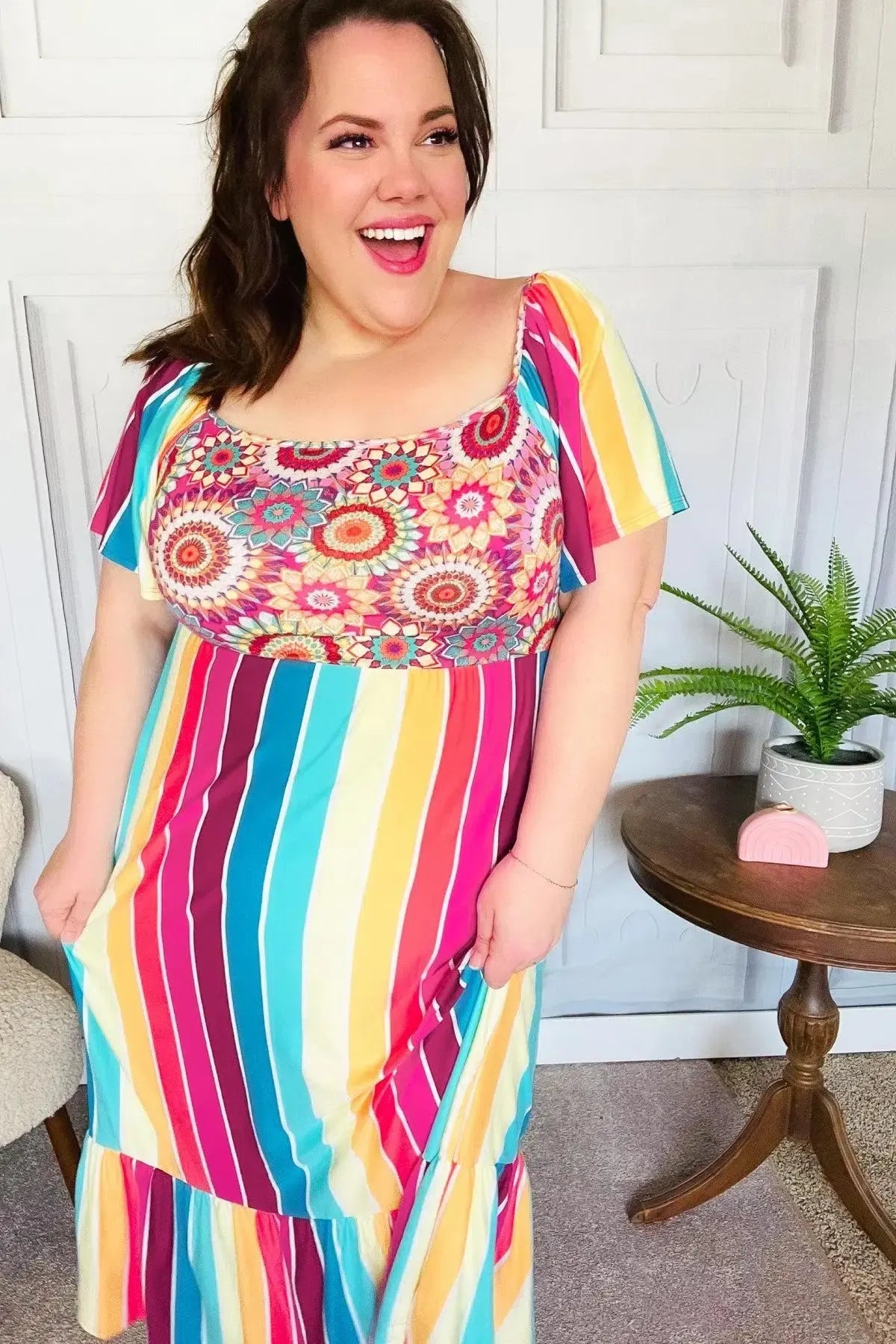 Feeling Bold Fuchsia & Teal Striped Medallion Crochet Print Dress-Evelyns Fashion