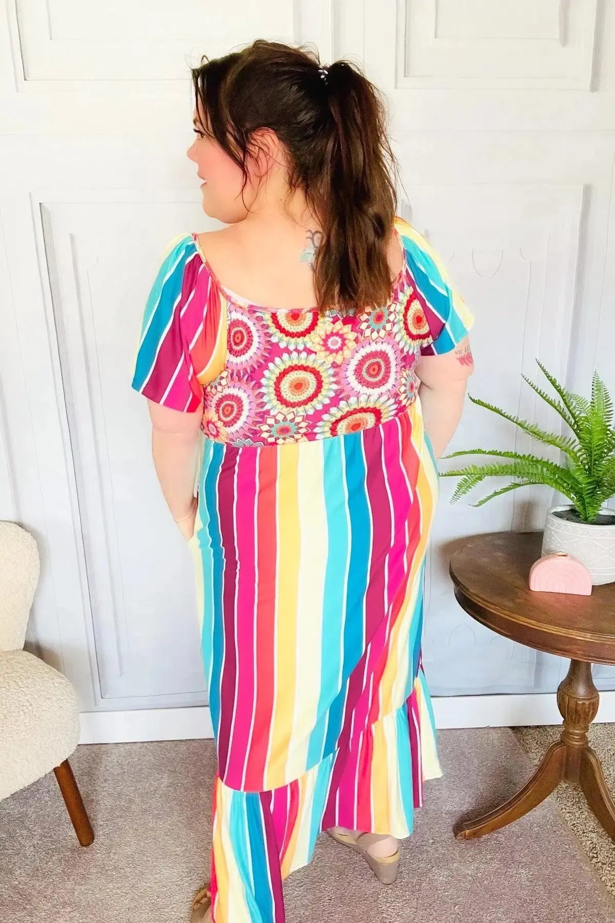 Feeling Bold Fuchsia & Teal Striped Medallion Crochet Print Dress-Evelyns Fashion