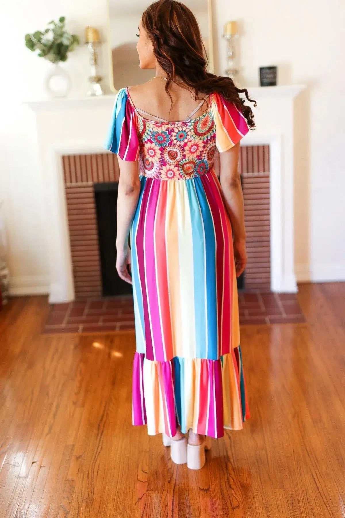 Feeling Bold Fuchsia & Teal Striped Medallion Crochet Print Dress-Evelyns Fashion