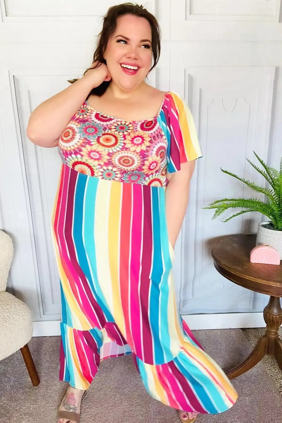 Feeling Bold Fuchsia & Teal Striped Medallion Crochet Print Dress-Evelyns Fashion