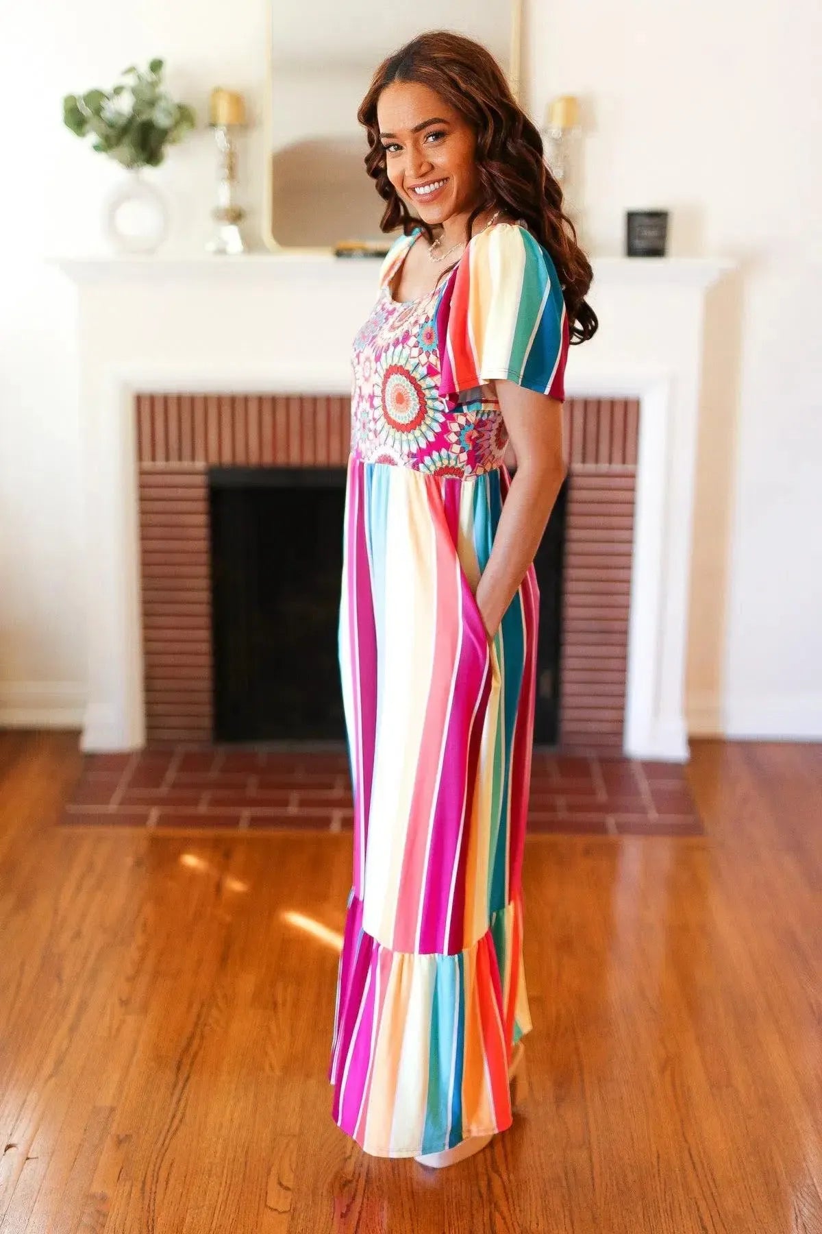 Feeling Bold Fuchsia & Teal Striped Medallion Crochet Print Dress-Evelyns Fashion