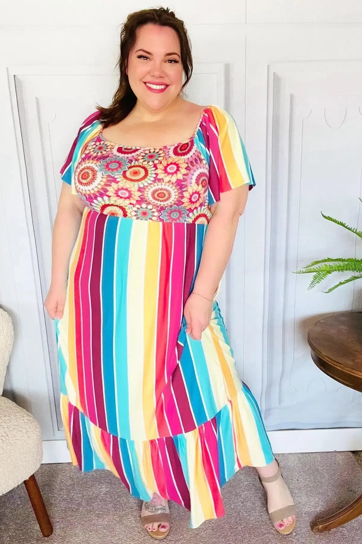 Feeling Bold Fuchsia & Teal Striped Medallion Crochet Print Dress-Evelyns Fashion