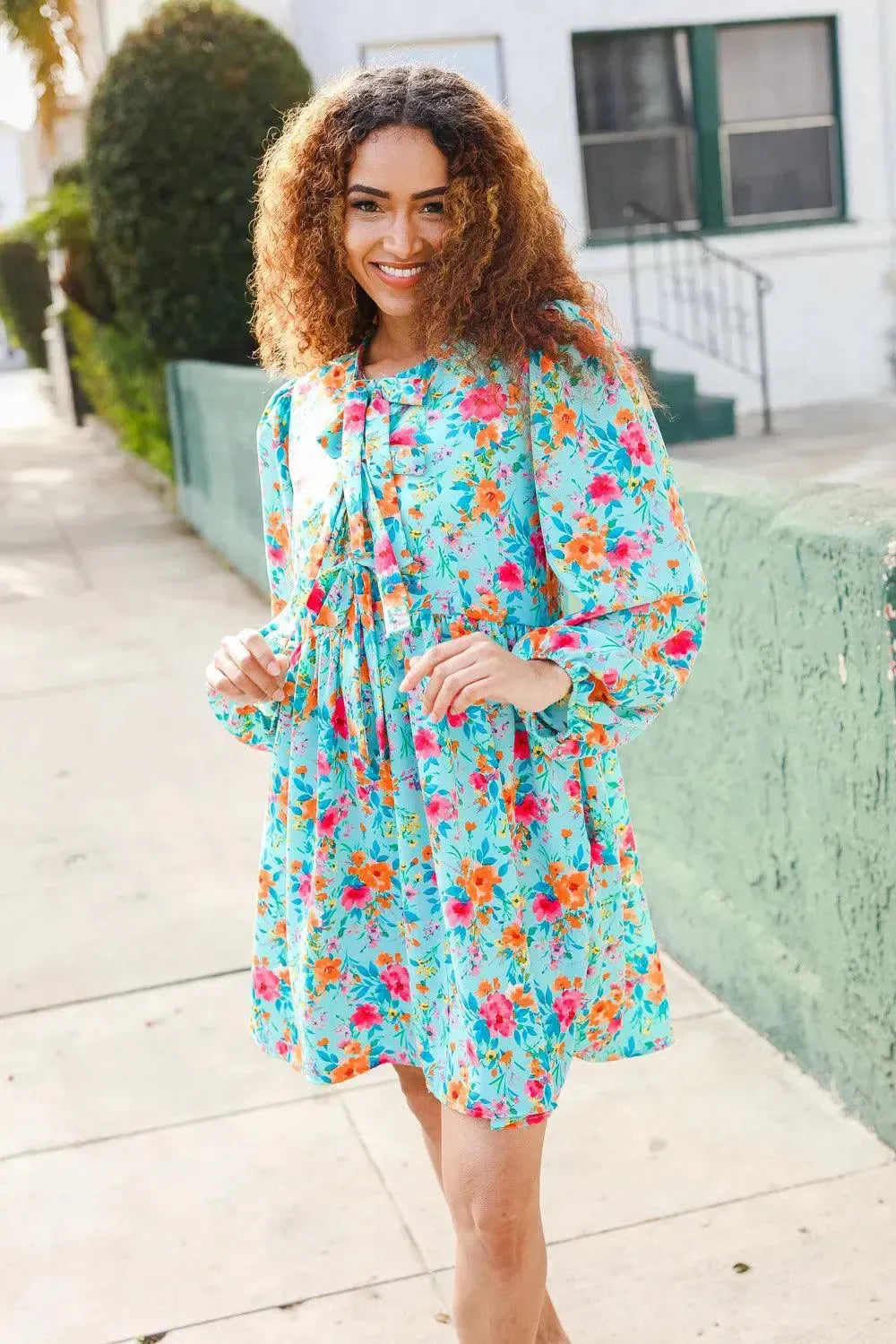 Feeling Femme Aqua Floral Ribbon Bow Tie Babydoll Dress-Evelyns Fashion
