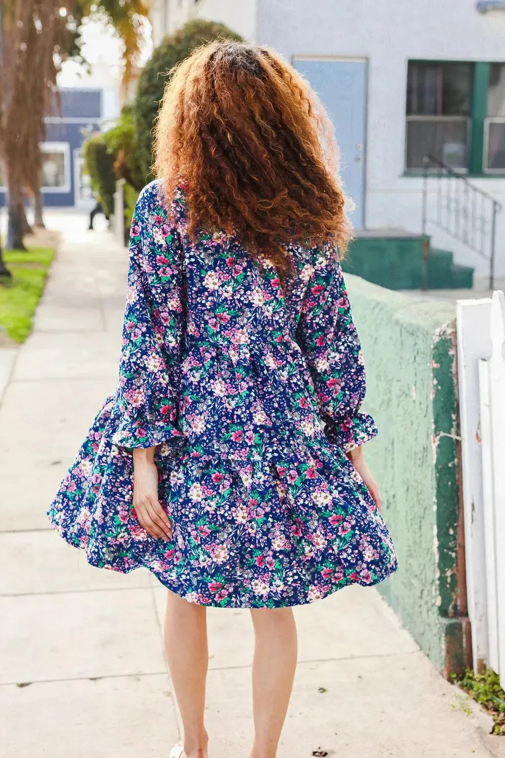 Feeling Joyful Navy Floral Bow Tie Babydoll Long Ruffle Sleeve Dress-Evelyns Fashion