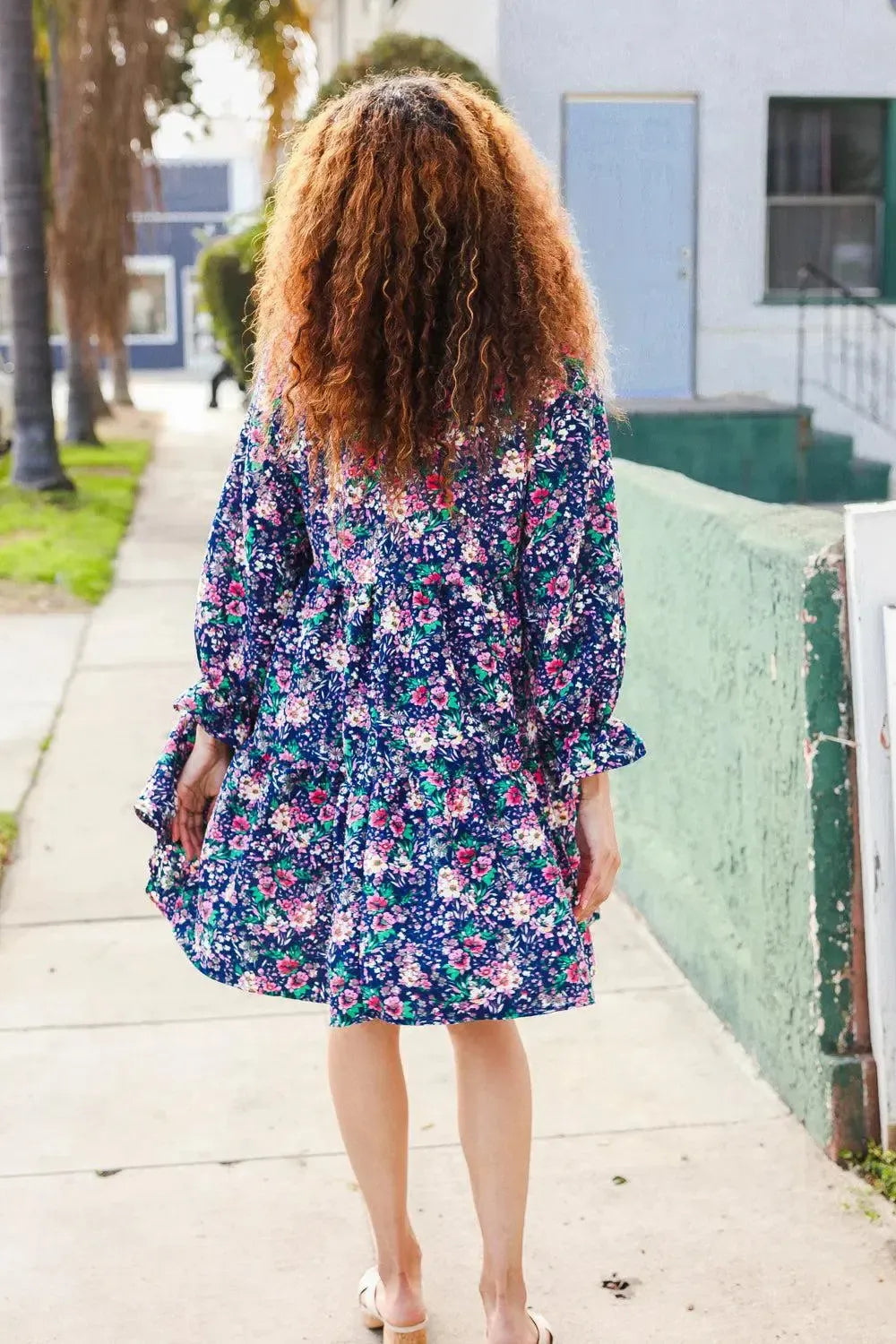 Feeling Joyful Navy Floral Bow Tie Babydoll Long Ruffle Sleeve Dress-Evelyns Fashion